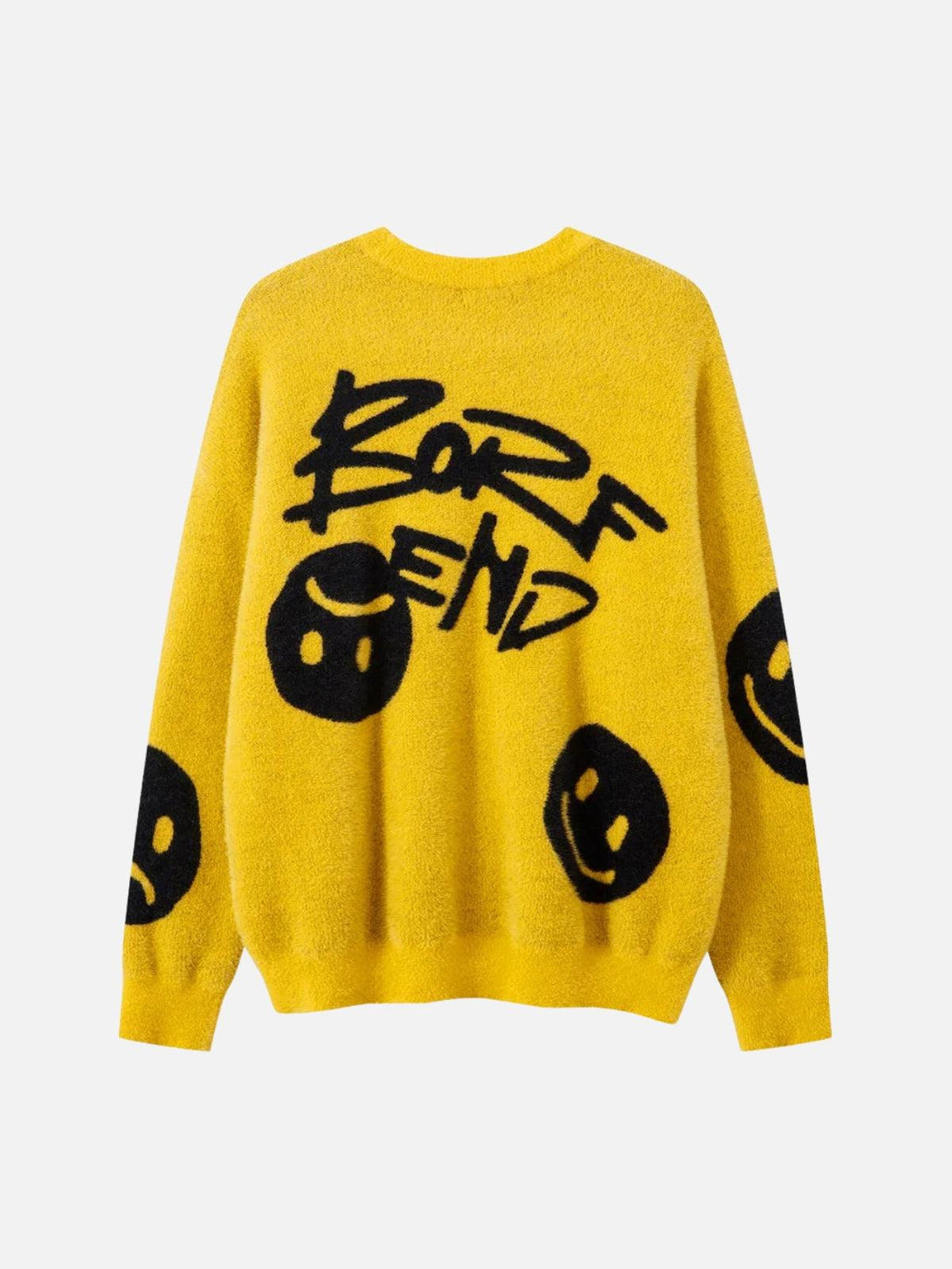 Yellow sweater with bold black graffiti design, front view by TALISHKO, adding playful flair.