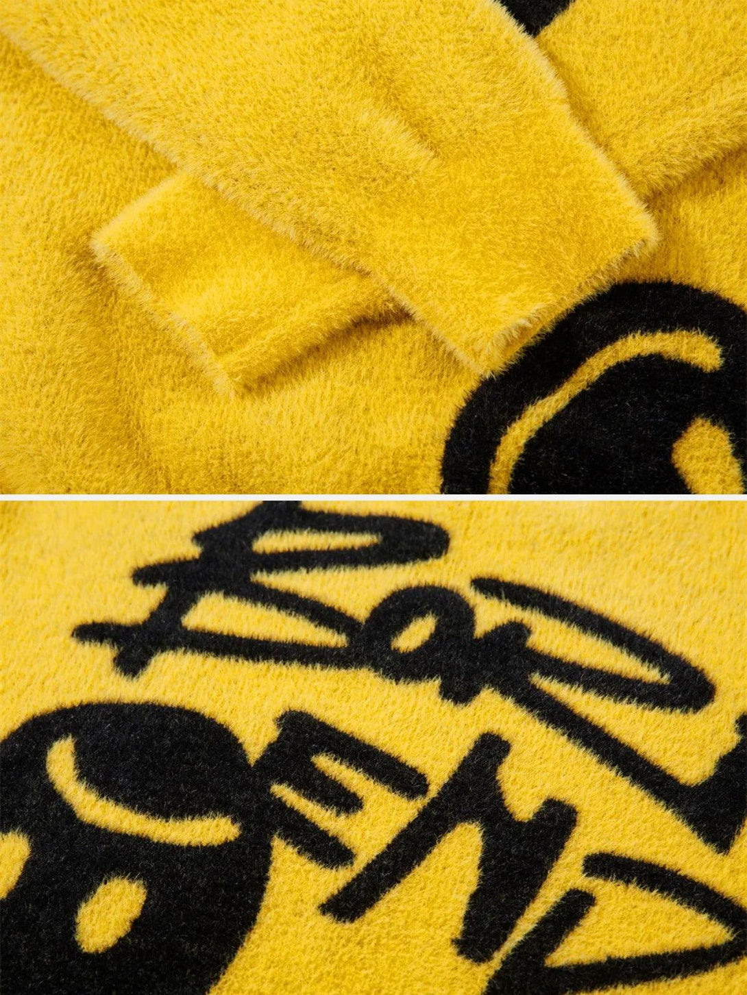 A detailed view of TALISHKO's yellow sweater, highlighting its playful black graffiti design.
