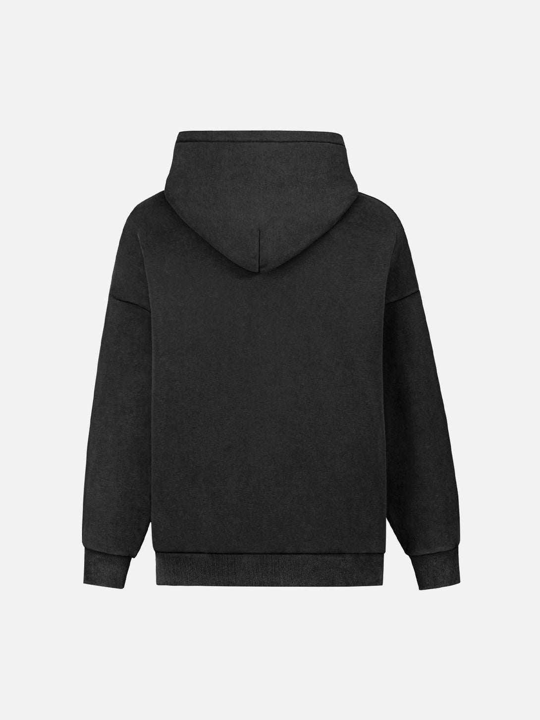Back view of black smudge-dyed hoodie by TALISHKO, highlighting its casual and cozy design.