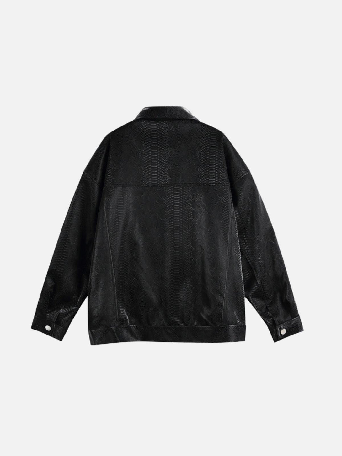 Back view of a black snake texture faux leather jacket by TALISHKO, highlighting unique design.