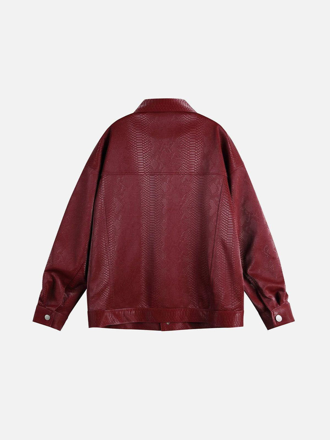 Back view of a red snake texture faux leather jacket by TALISHKO, showcasing unique style.