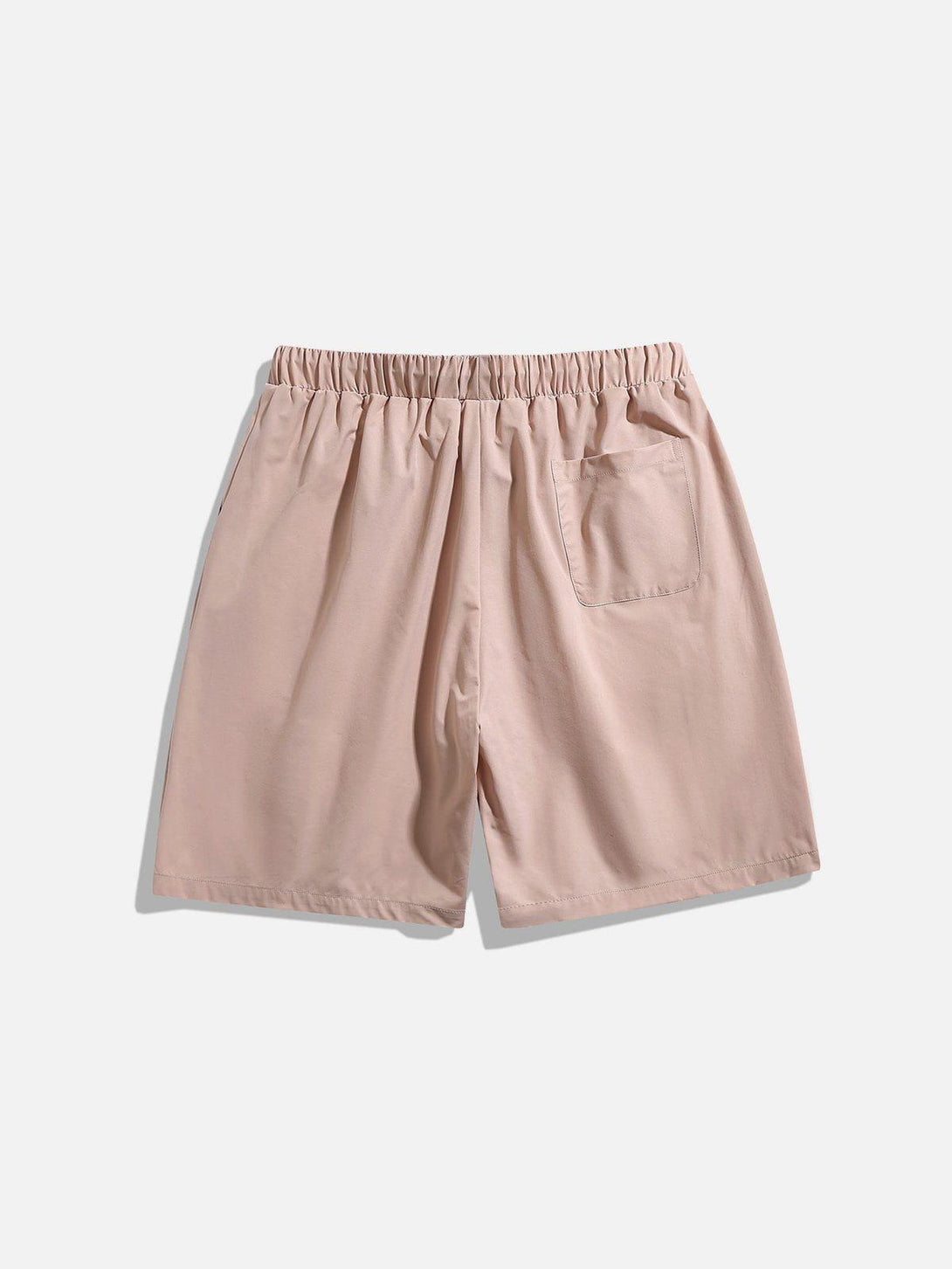 Back view of beige drawstring shorts featuring a pocket, designed by TALISHKO for casual style.