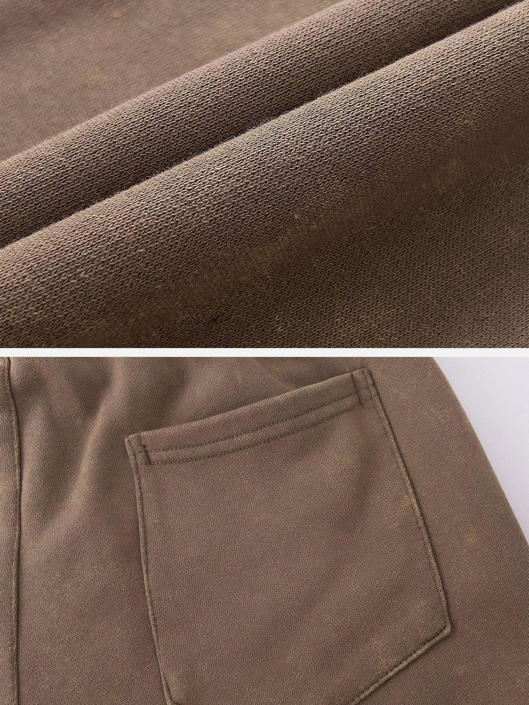 Intricate look at TALISHKO's brown drawstring pants fabric and pocket detail, highlighting texture.