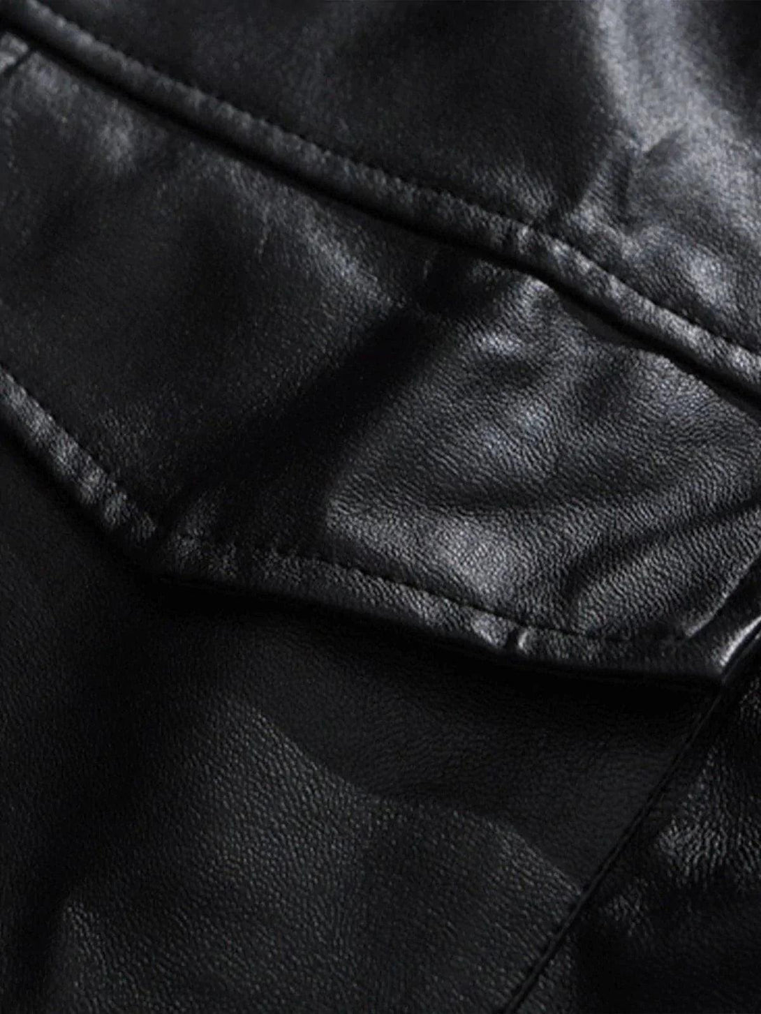 A close-up of TALISHKO's black PU jacket, highlighting the smooth texture and lapel stitching.