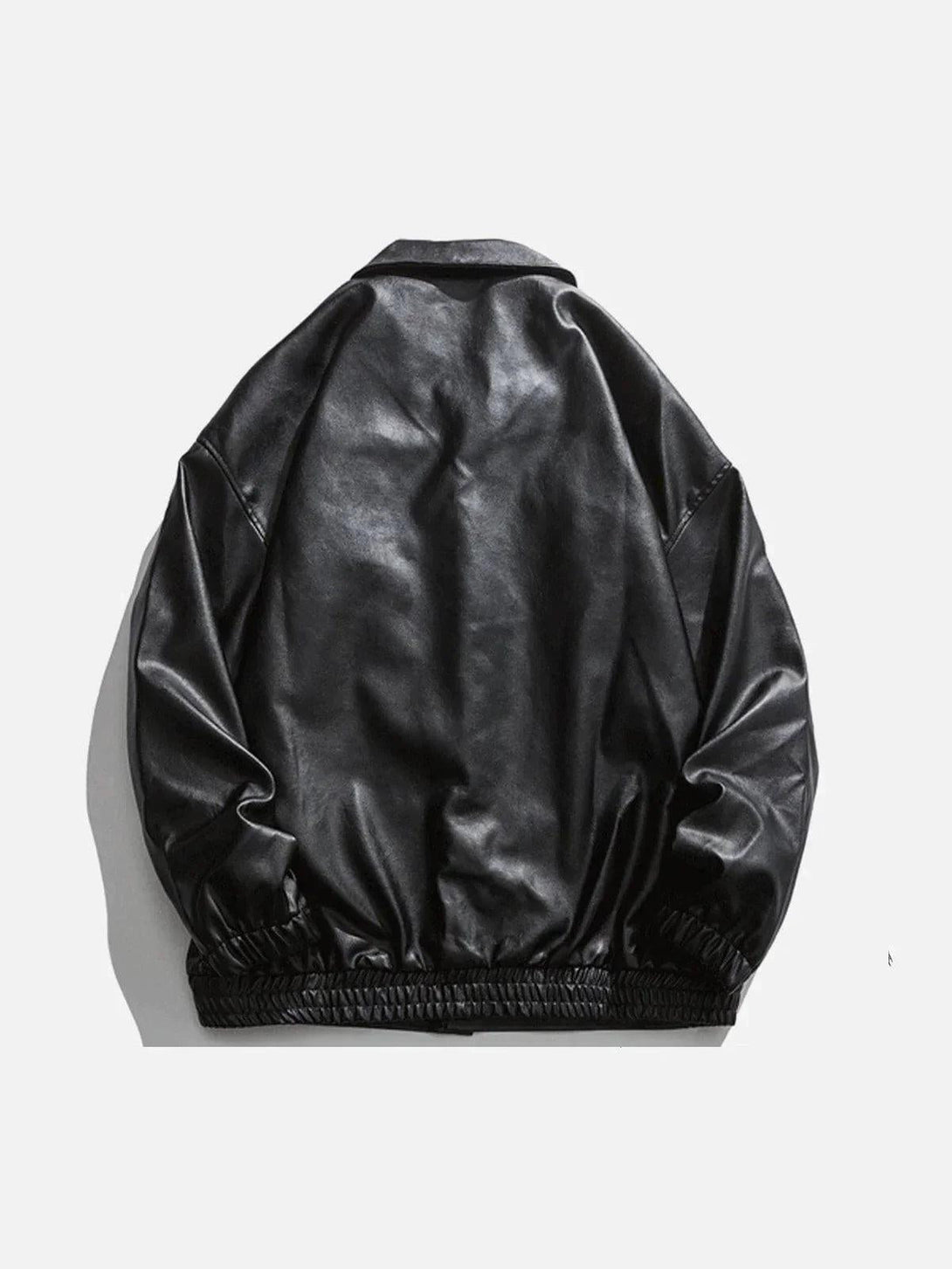 Back view of a sleek black PU jacket by TALISHKO, showcasing its smooth texture and elastic hem.