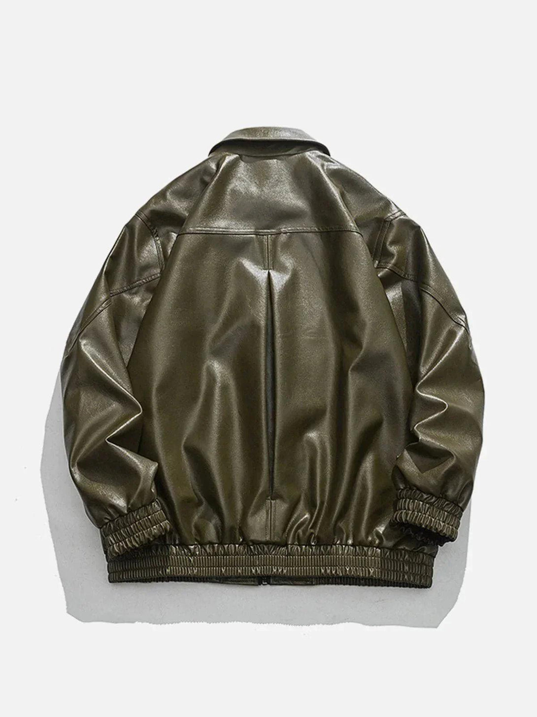 Back view of a green PU jacket by TALISHKO, showcasing its relaxed fit and design.