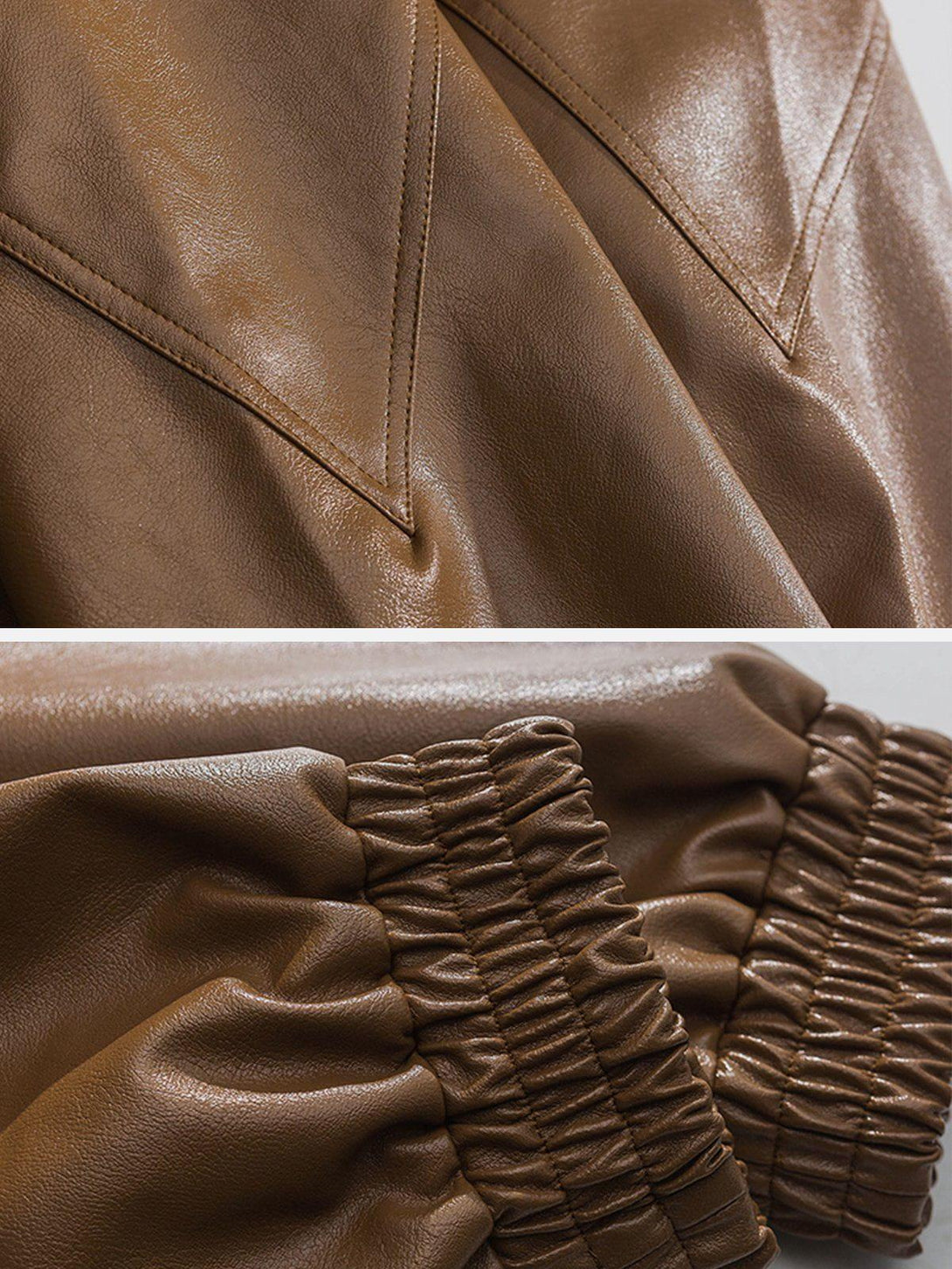 Intricate look at the brown PU jacket by TALISHKO, highlighting the textured stitching and cuffs.