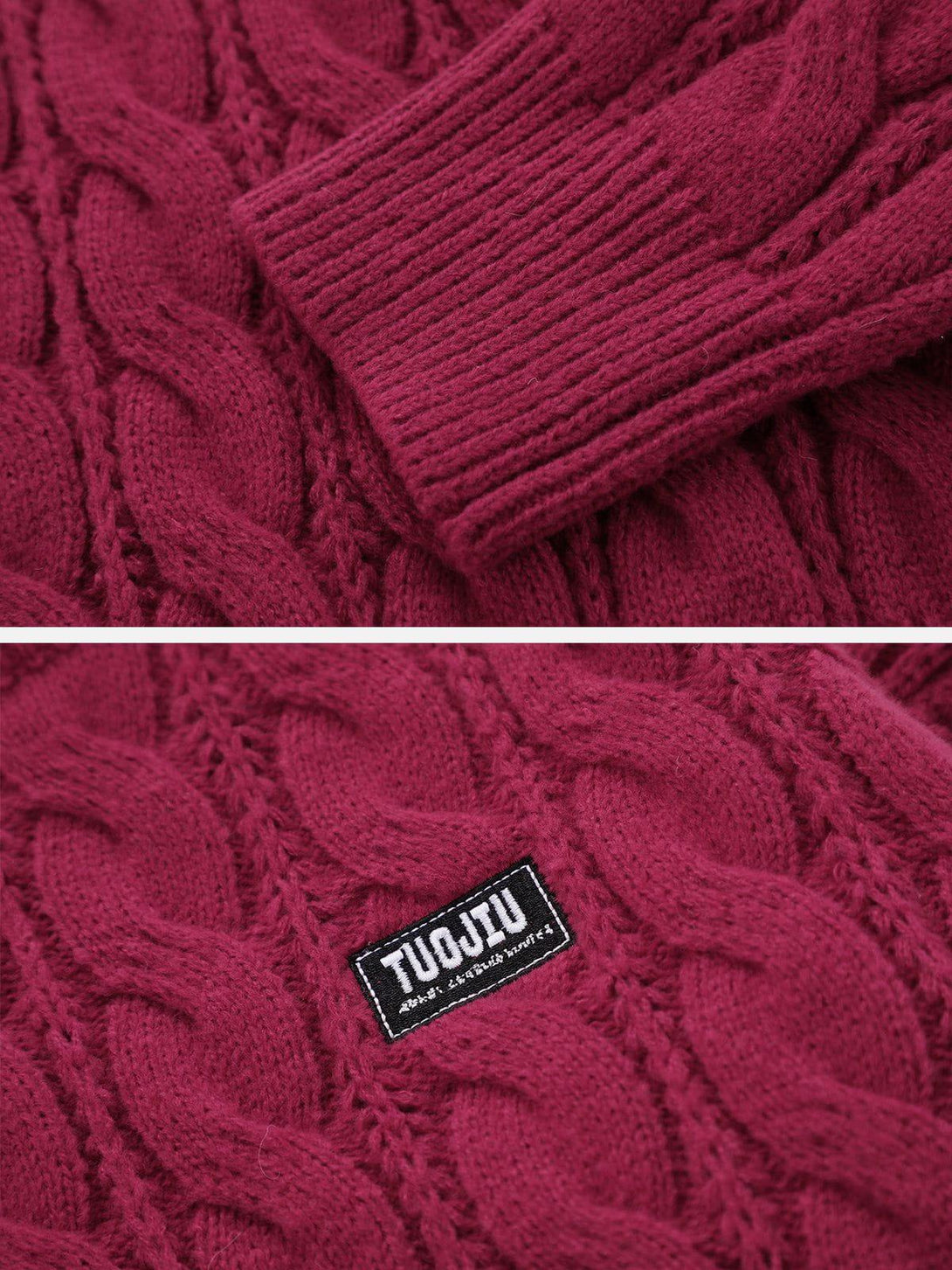 Intricate look at the cable-knit texture of TALISHKO's sweater, featuring a bold magenta hue.