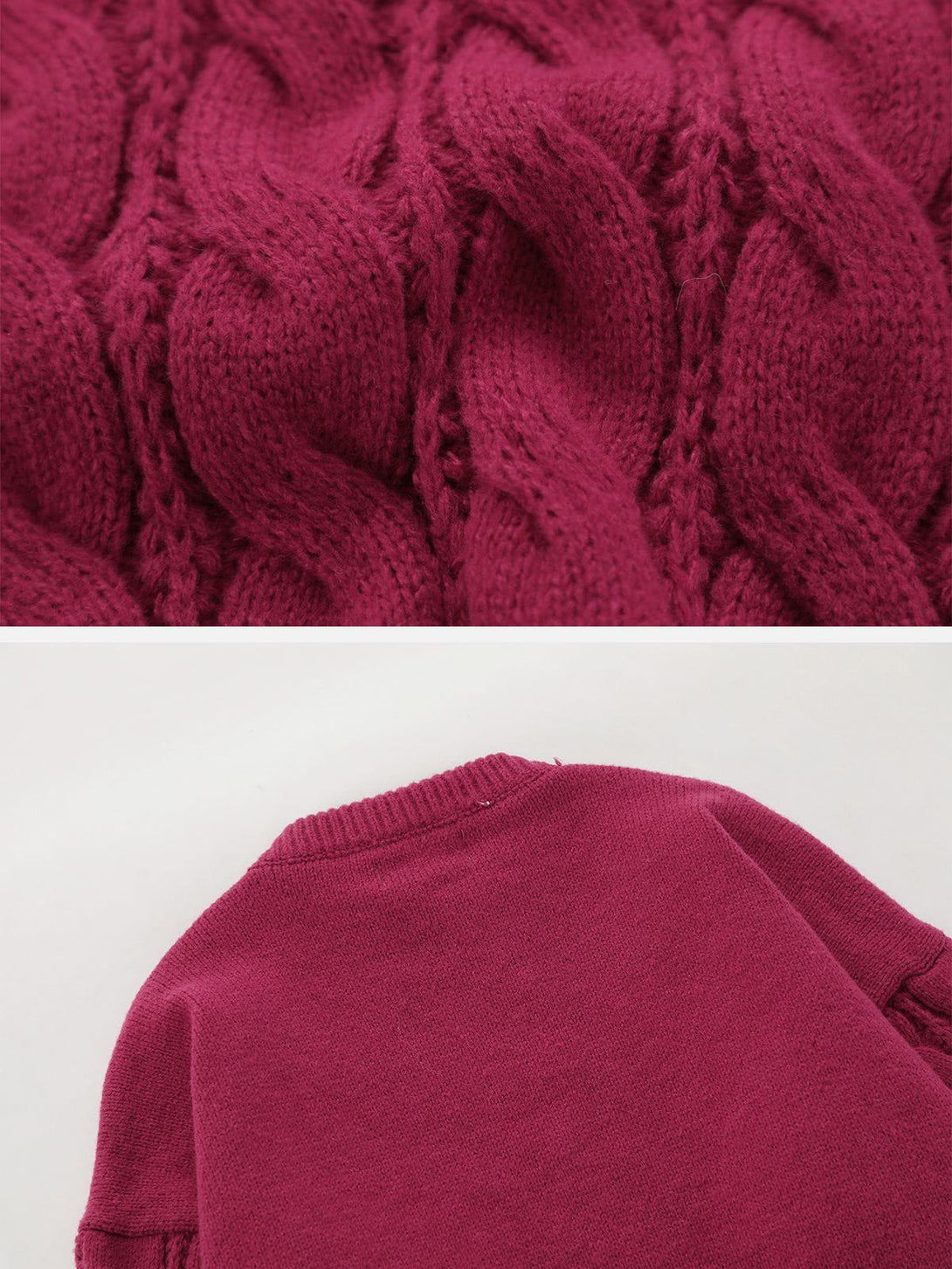 Focusing on the intricate cable-knit texture of TALISHKO's magenta sweater, showcasing rich detail.