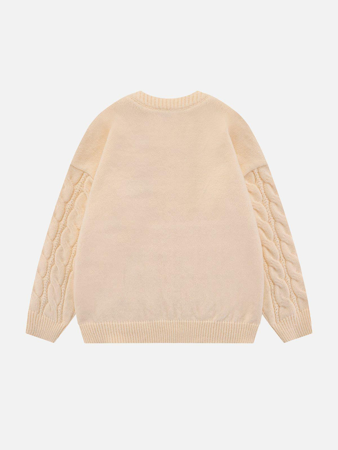 Back view of TALISHKO's twist knit sweater, displaying intricate cable-knit sleeves.