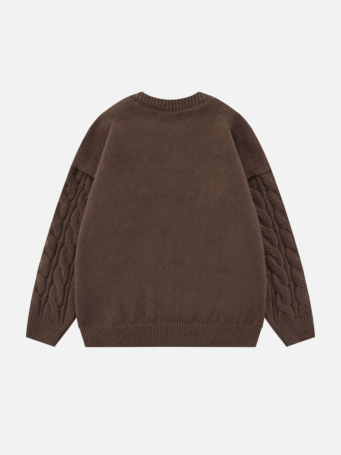 Back view of the TALISHKO sweater, featuring cable-knit sleeves in a warm brown hue.