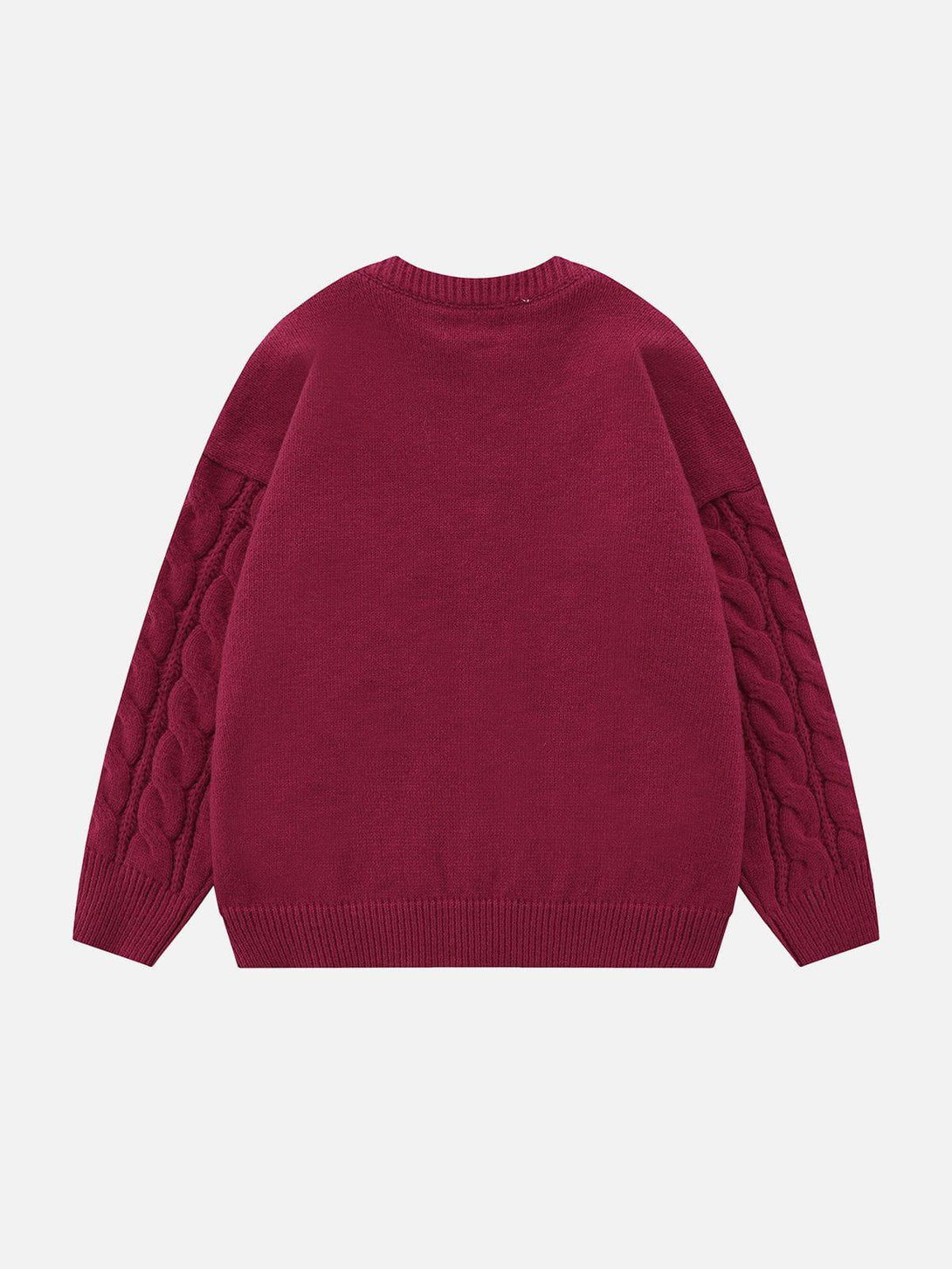 Back view of TALISHKO's solid color twist knit sweater, featuring rich cable-knit sleeves.