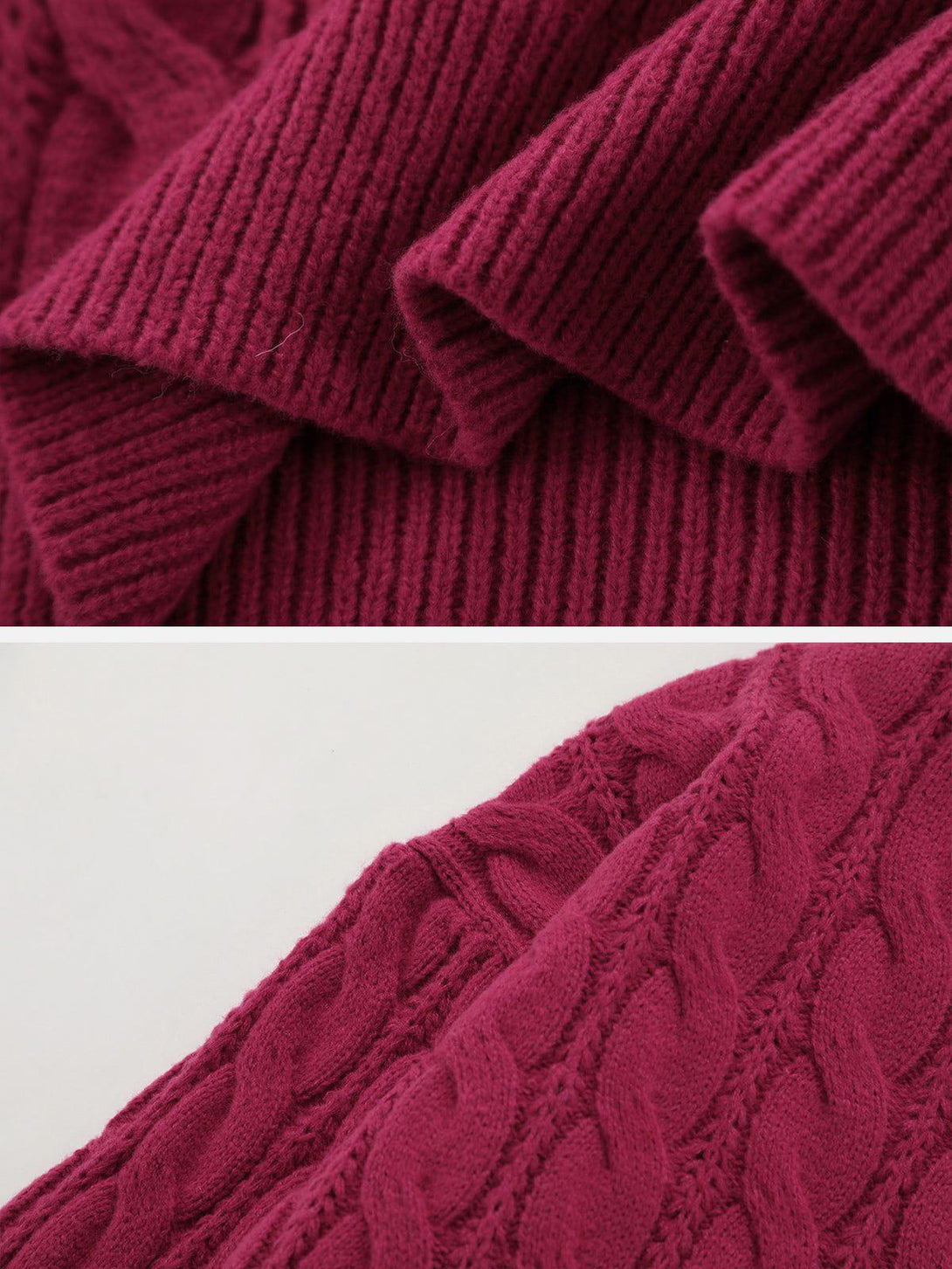 Intricate cable-knit texture and ribbed detail of TALISHKO's magenta sweater.