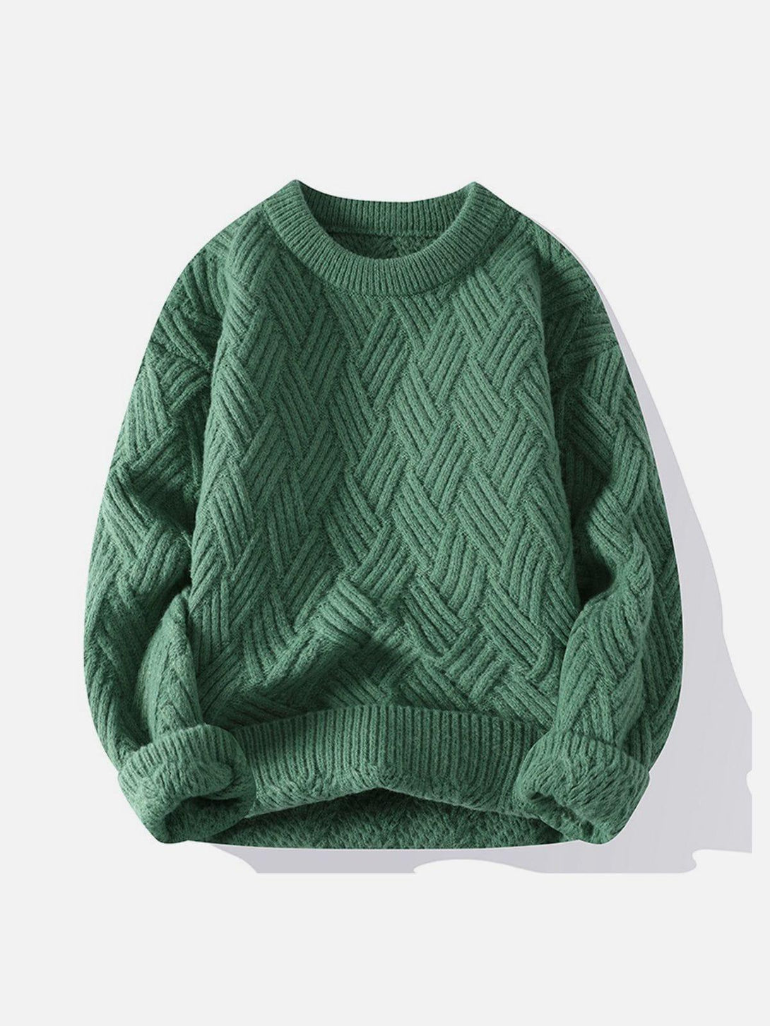 Cozy green sweater with a textured weave pattern by TALISHKO, showcasing its soft material.