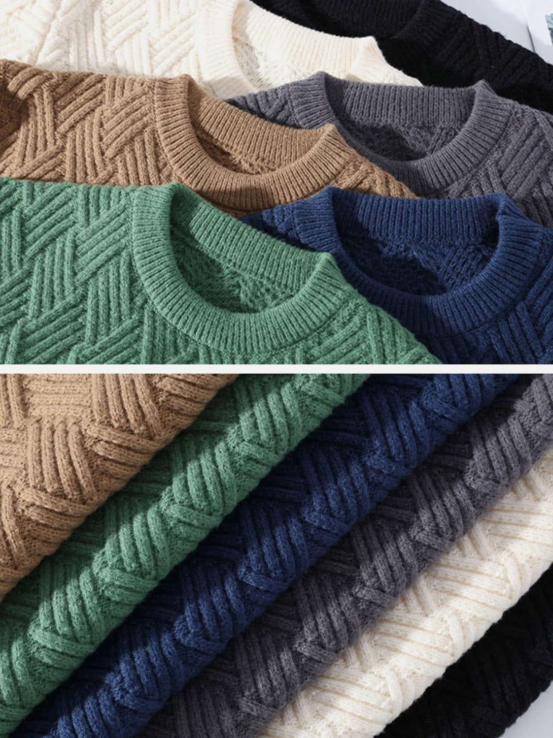 A variety of textured weave sweaters by TALISHKO in multiple colors, showcasing cozy styles.