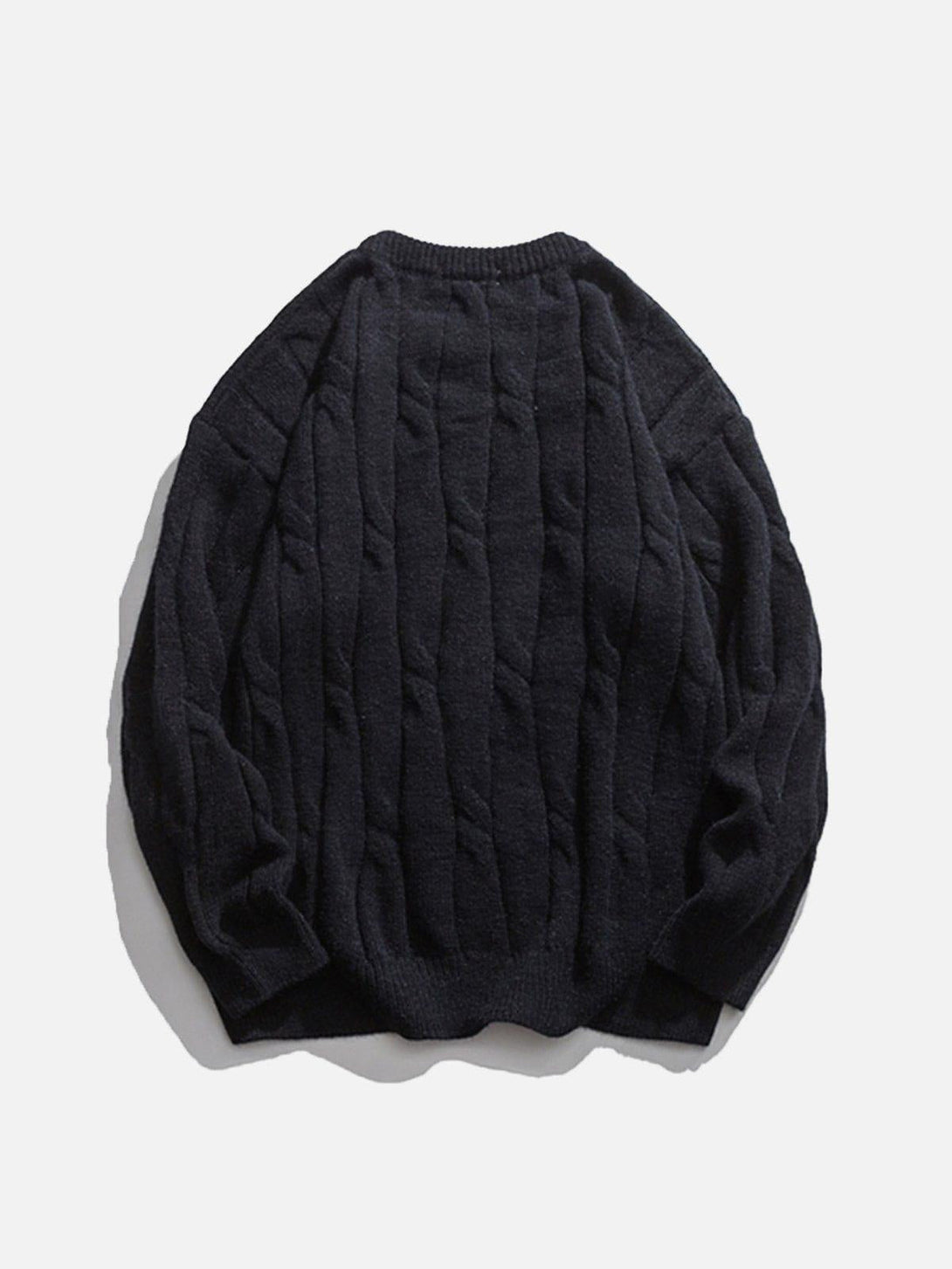 Back view of a black woven sweater by TALISHKO, featuring a textured and cozy design.