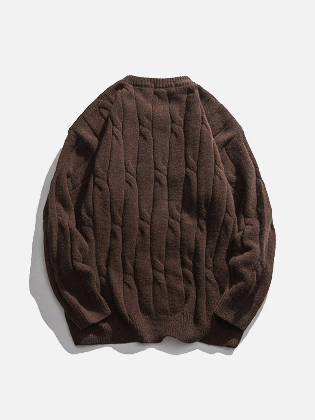 Back view of a brown woven sweater by TALISHKO, highlighting its textured, cozy design.