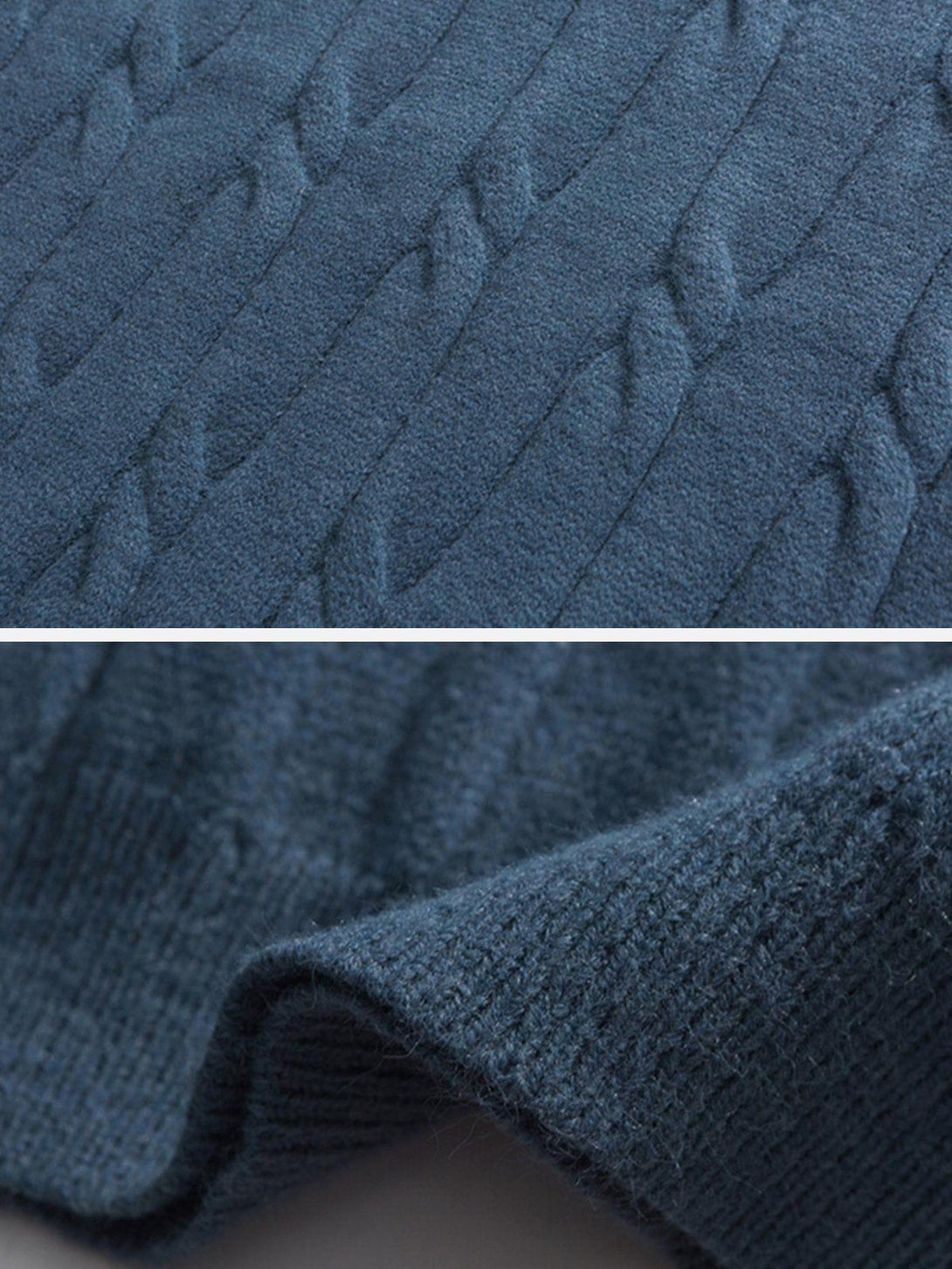 Intricate look at the blue woven sweater texture by TALISHKO, emphasizing its cozy design.