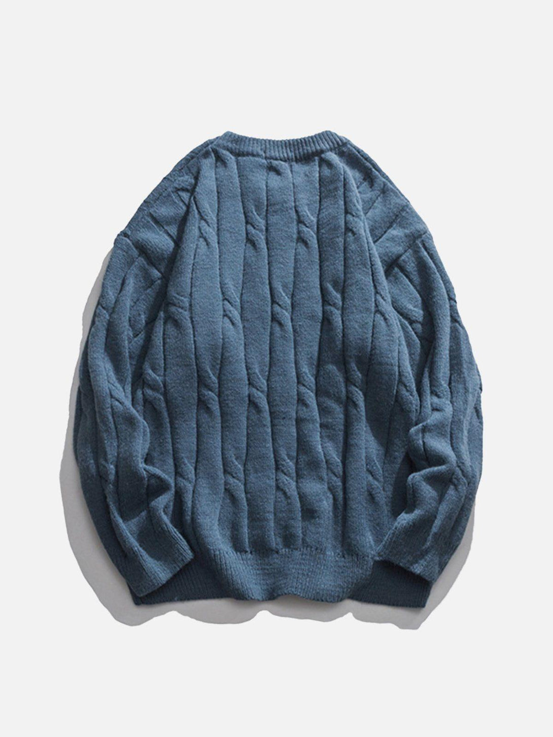 Back view of a blue woven sweater by TALISHKO, highlighting its textured and cozy design.