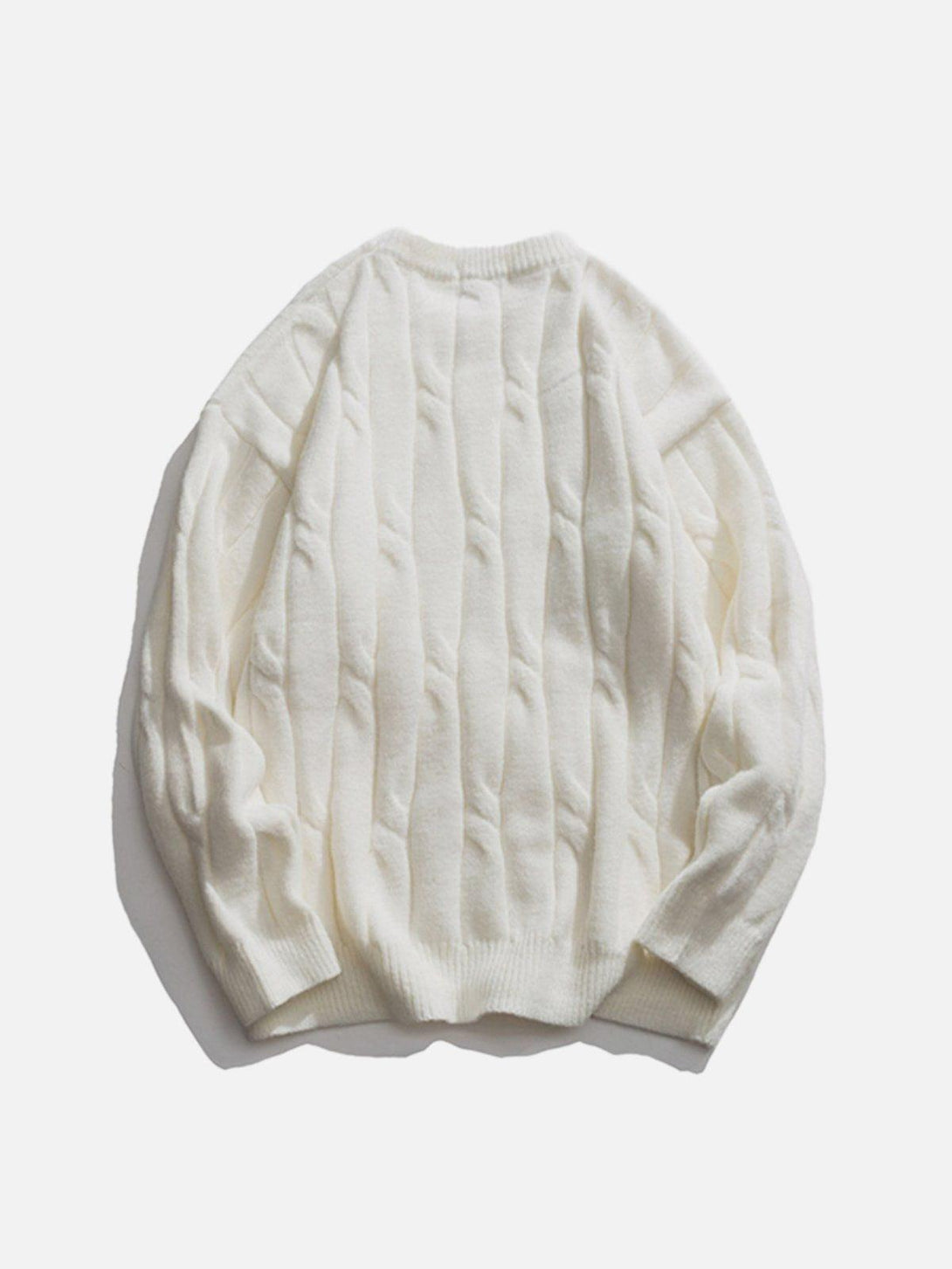 Back view of a white woven sweater by TALISHKO, showcasing its textured and cozy design.