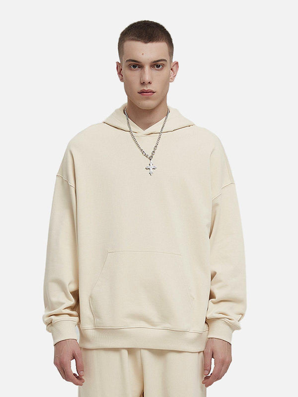 Model wearing TALISHKO solid cotton hoodie in a neutral tone, highlighting casual style.