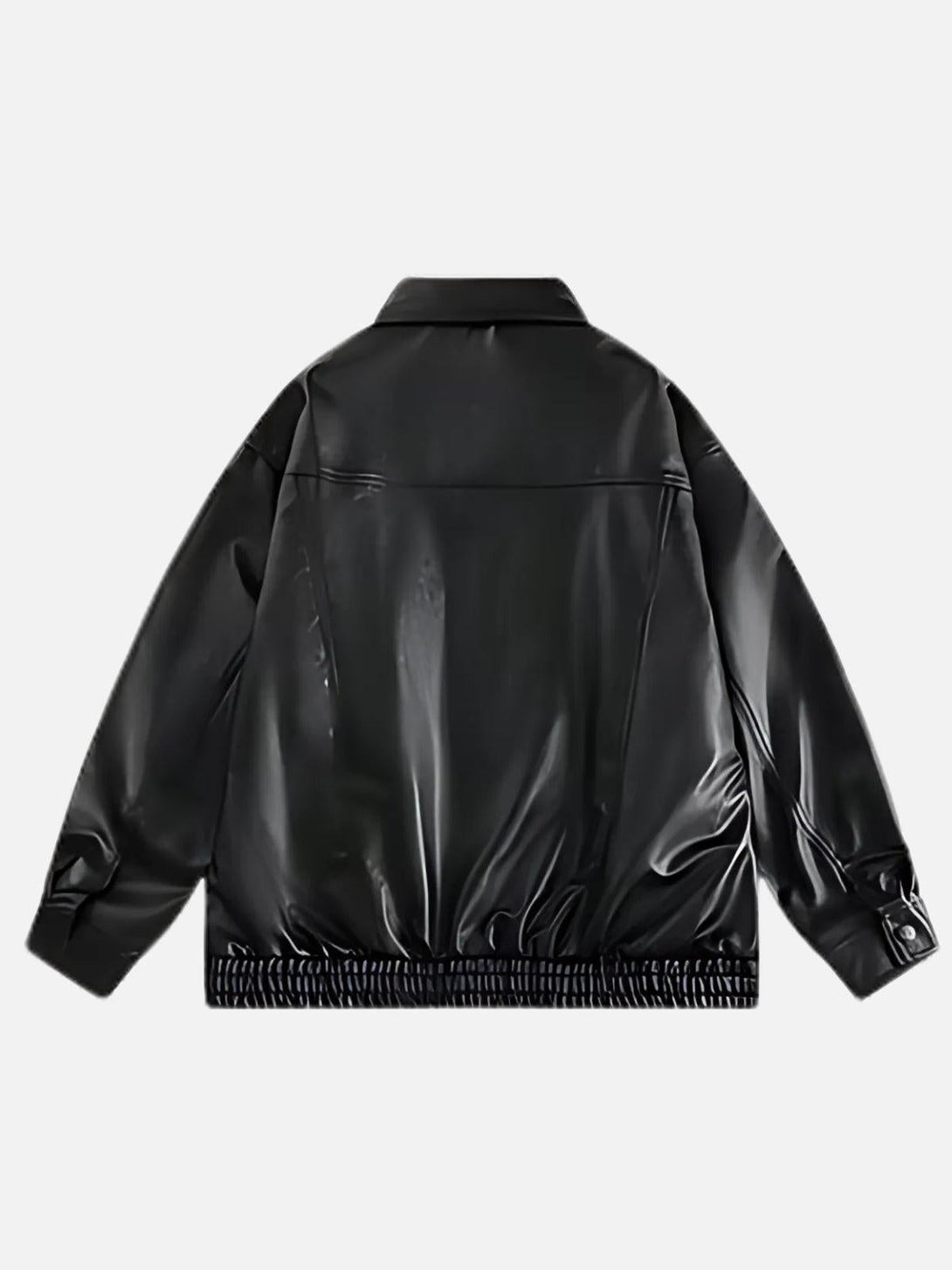 Back view of a sleek faux leather jacket by TALISHKO, highlighting its modern design.