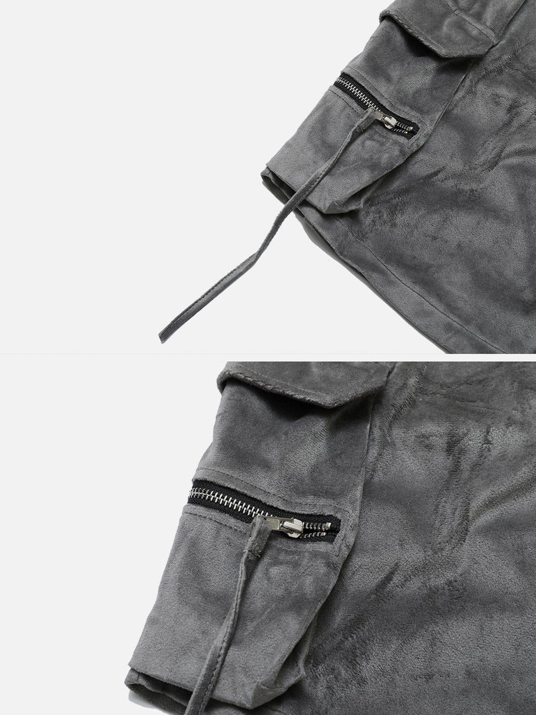 TALISHKO shorts with gray suede texture and zipper detail, highlighting stylish practicality.