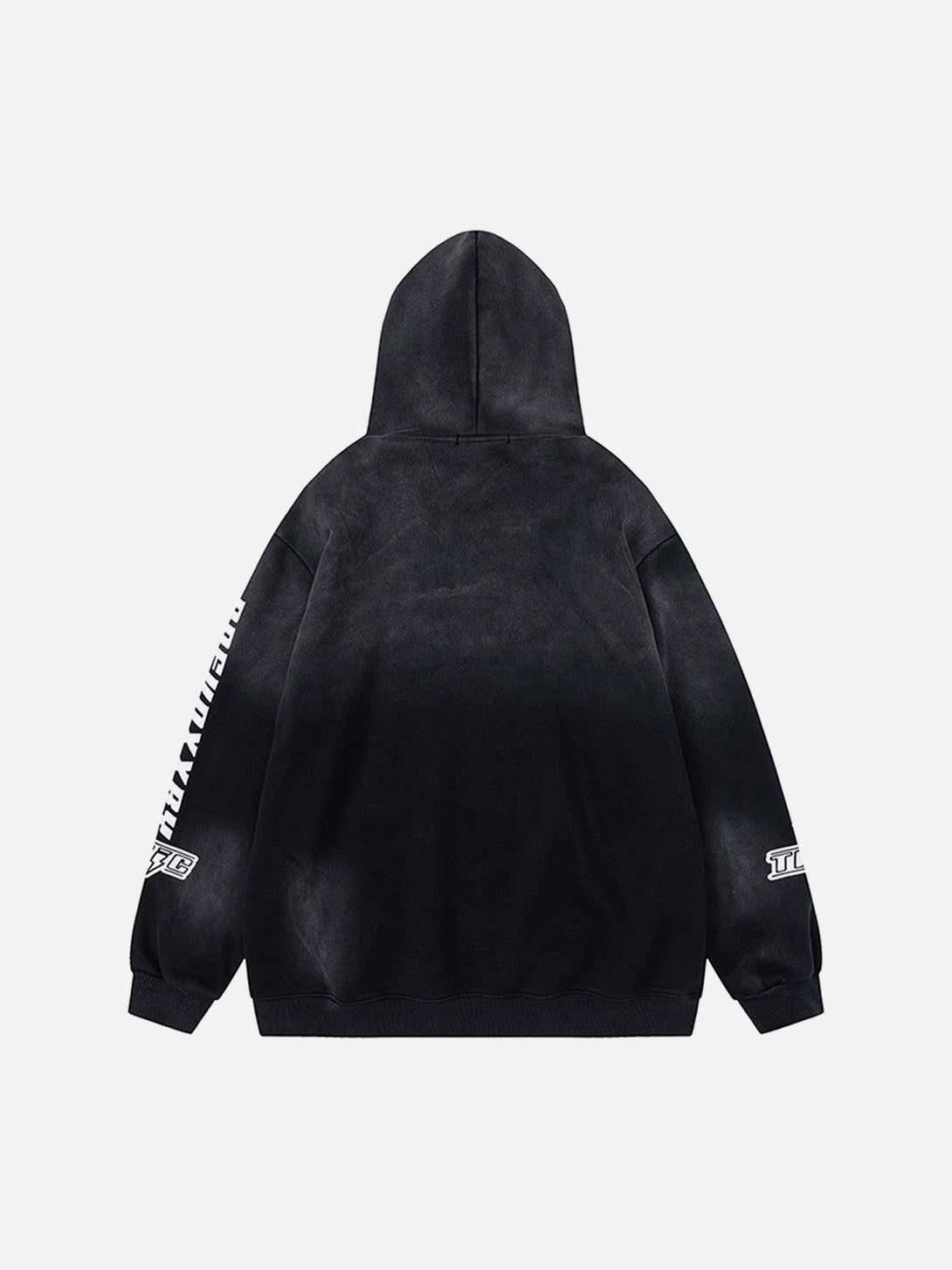 Back view of black washed racing hoodie by TALISHKO, featuring graphic details on sleeves.