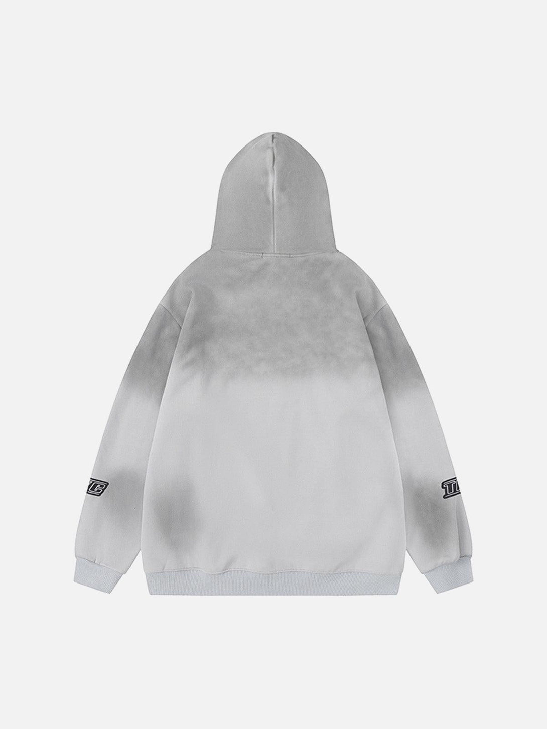 Back view of gray washed racing hoodie by TALISHKO, featuring subtle graphic details.