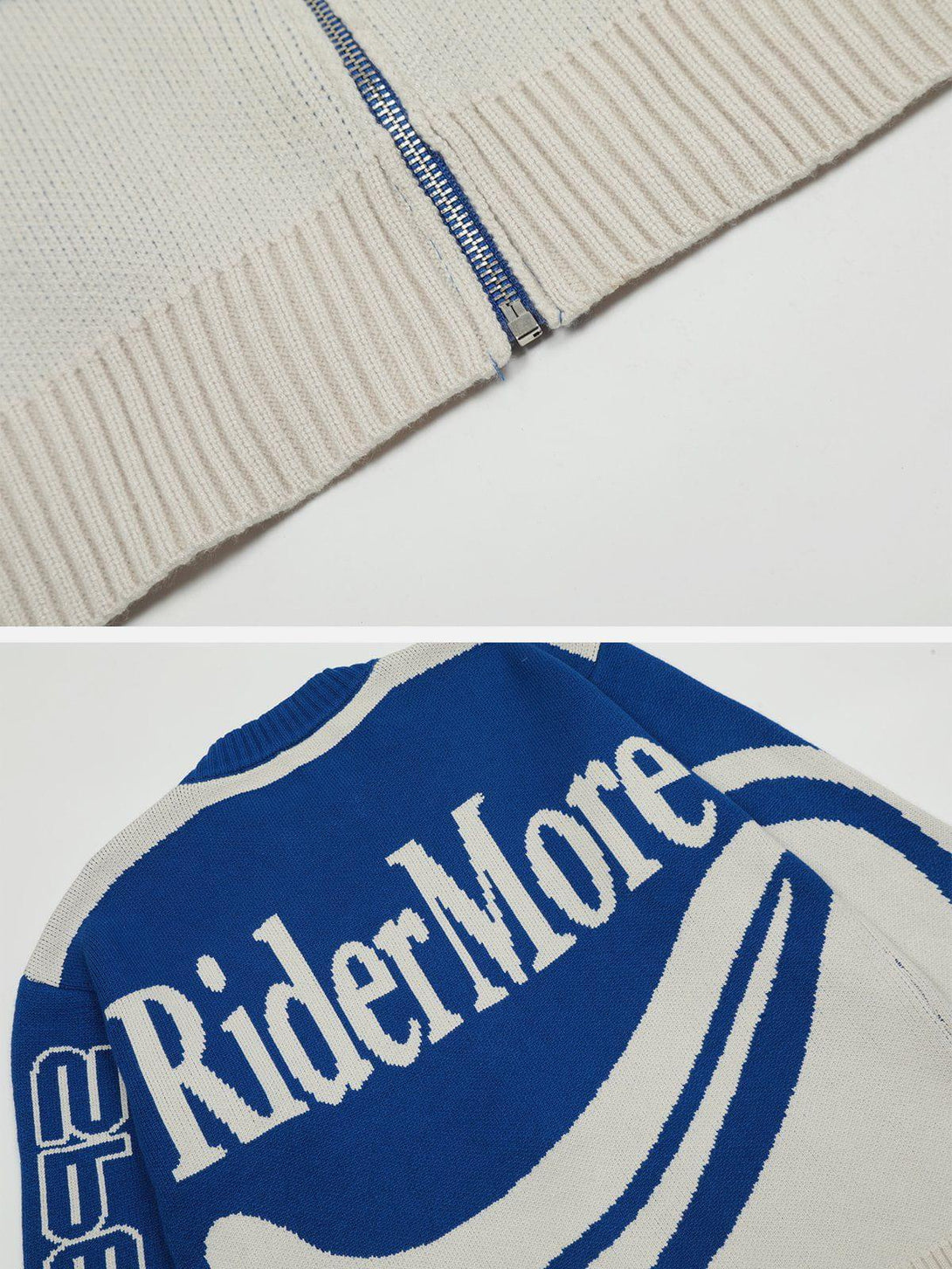 A detailed view of the TALISHKO cardigan's blue and white zipper and bold "RiderMore" graphic design.