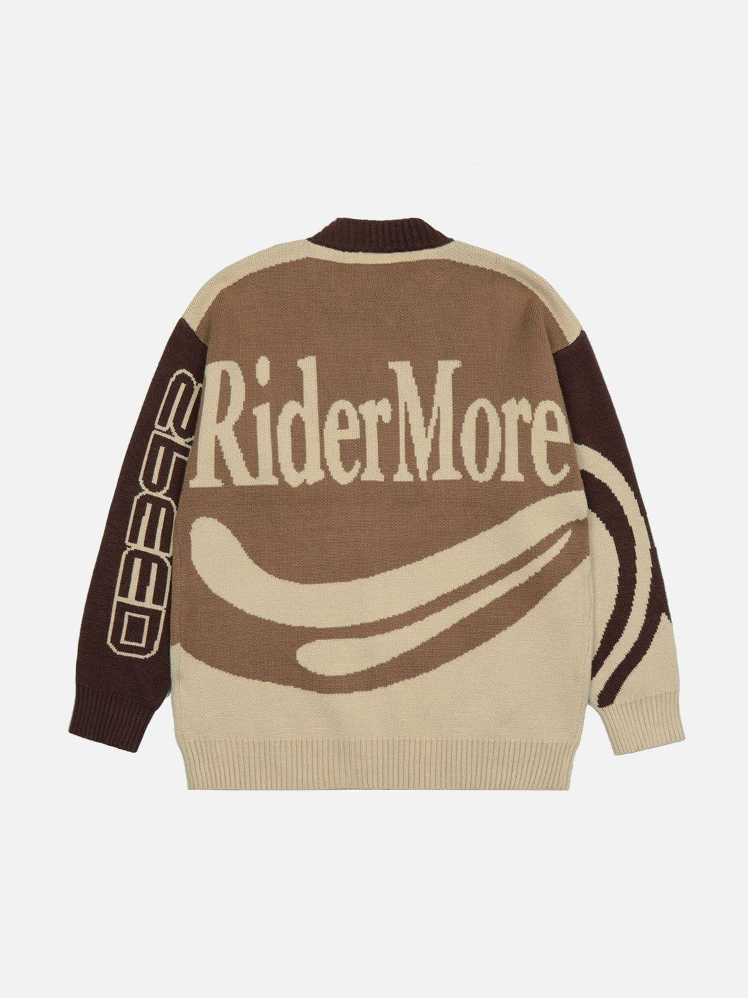 Back view of TALISHKO cardigan in brown tones, featuring bold "RiderMore" and "SPEED" graphics.