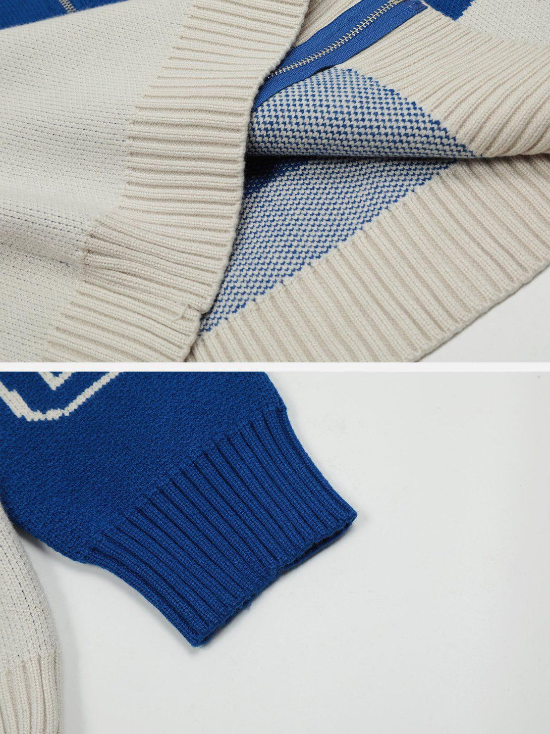Detailed look at TALISHKO cardigan's blue and white knit texture, highlighting quality craftsmanship.