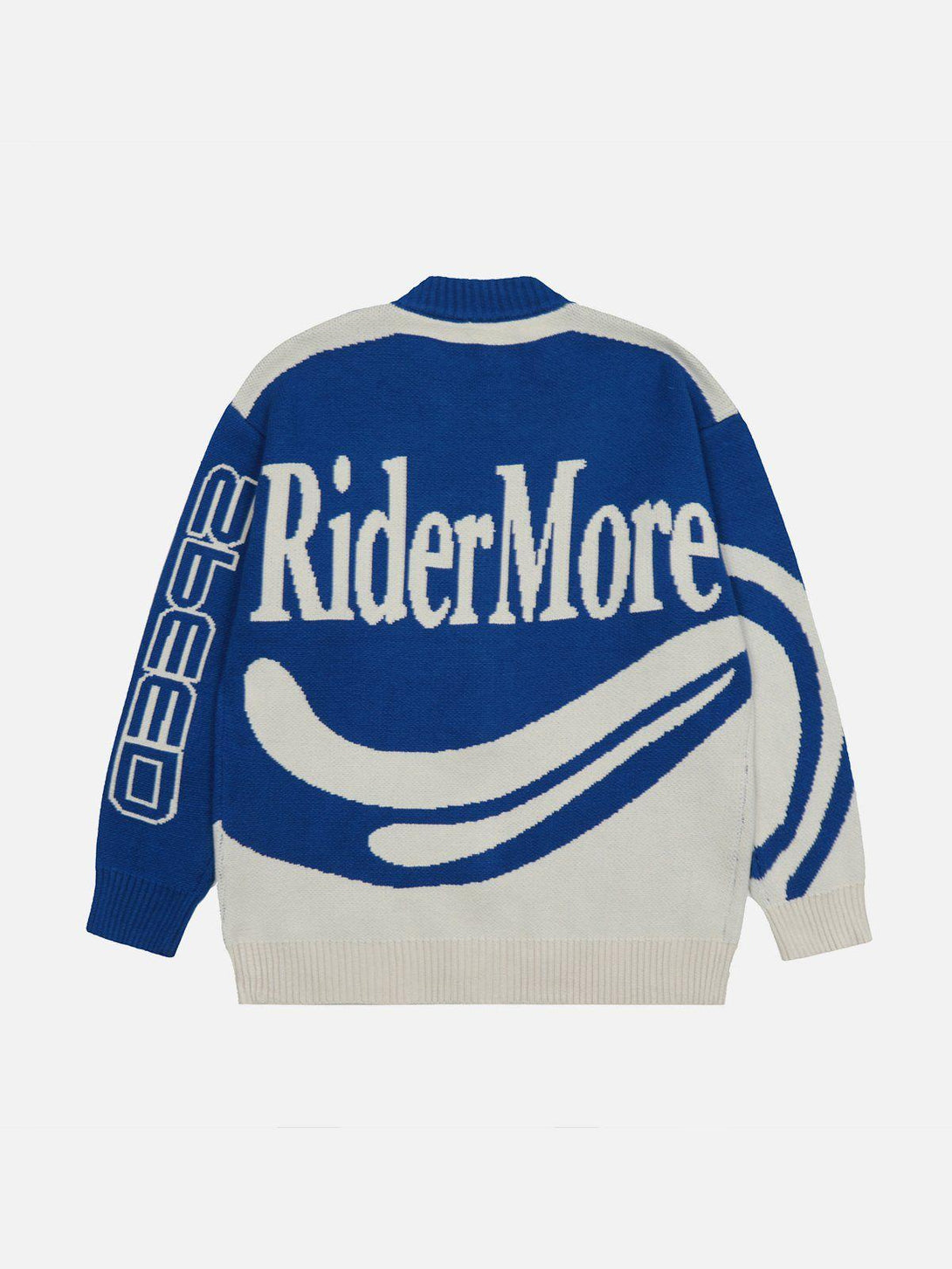 Back view of TALISHKO cardigan with bold blue "RiderMore" and "SPEED" graphics, showcasing dynamic style.