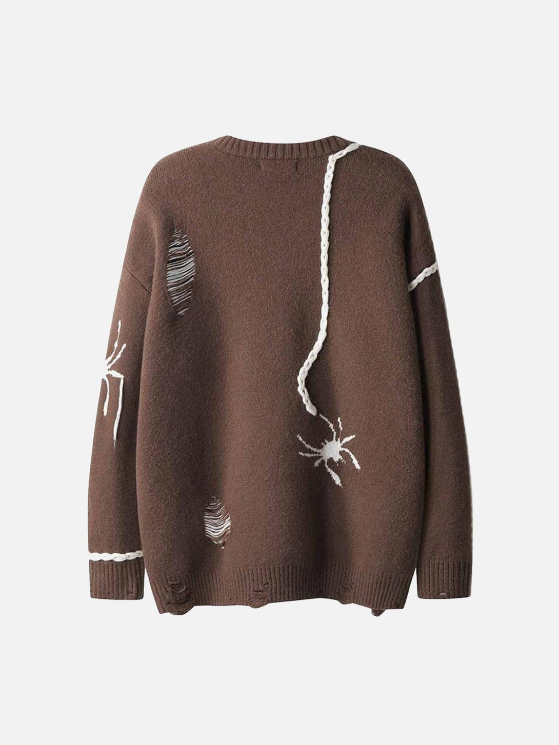 Back view of a brown oversized sweater with spider design and distressed details by TALISHKO.