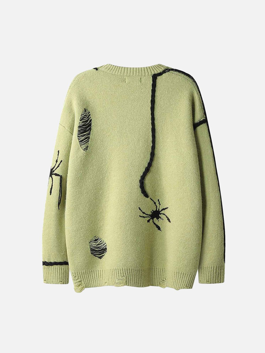 Back view of a green oversized sweater featuring spider motifs and distressed details by TALISHKO.