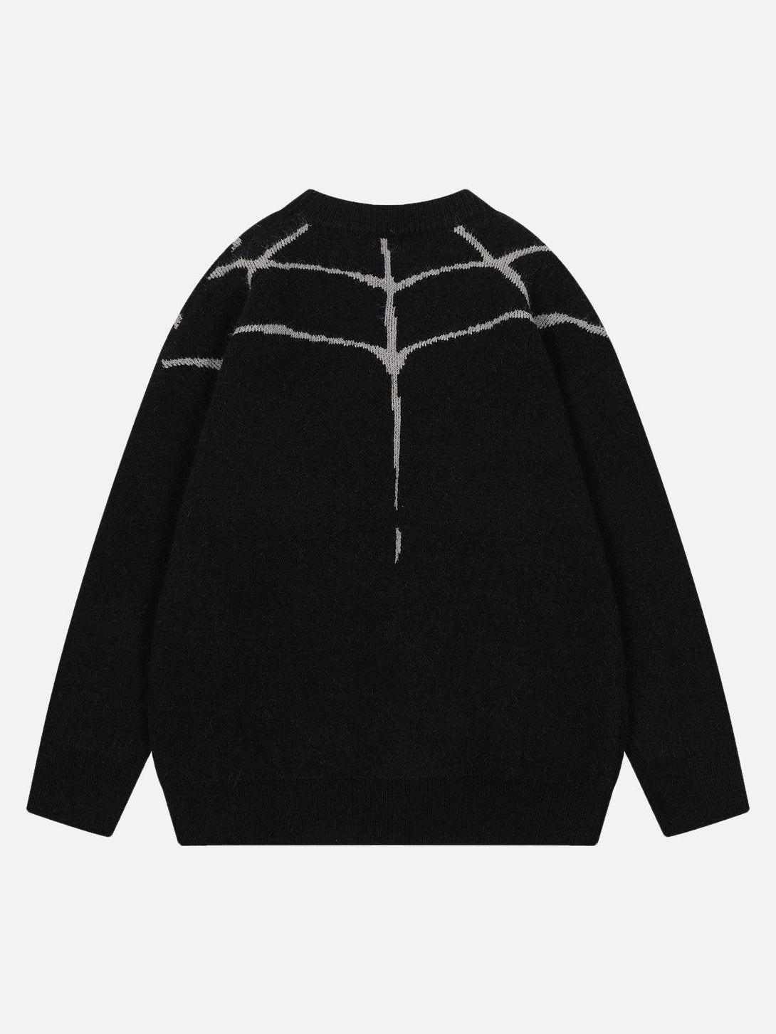 Back view of a black knit sweater by TALISHKO, showcasing a subtle spider pattern design.