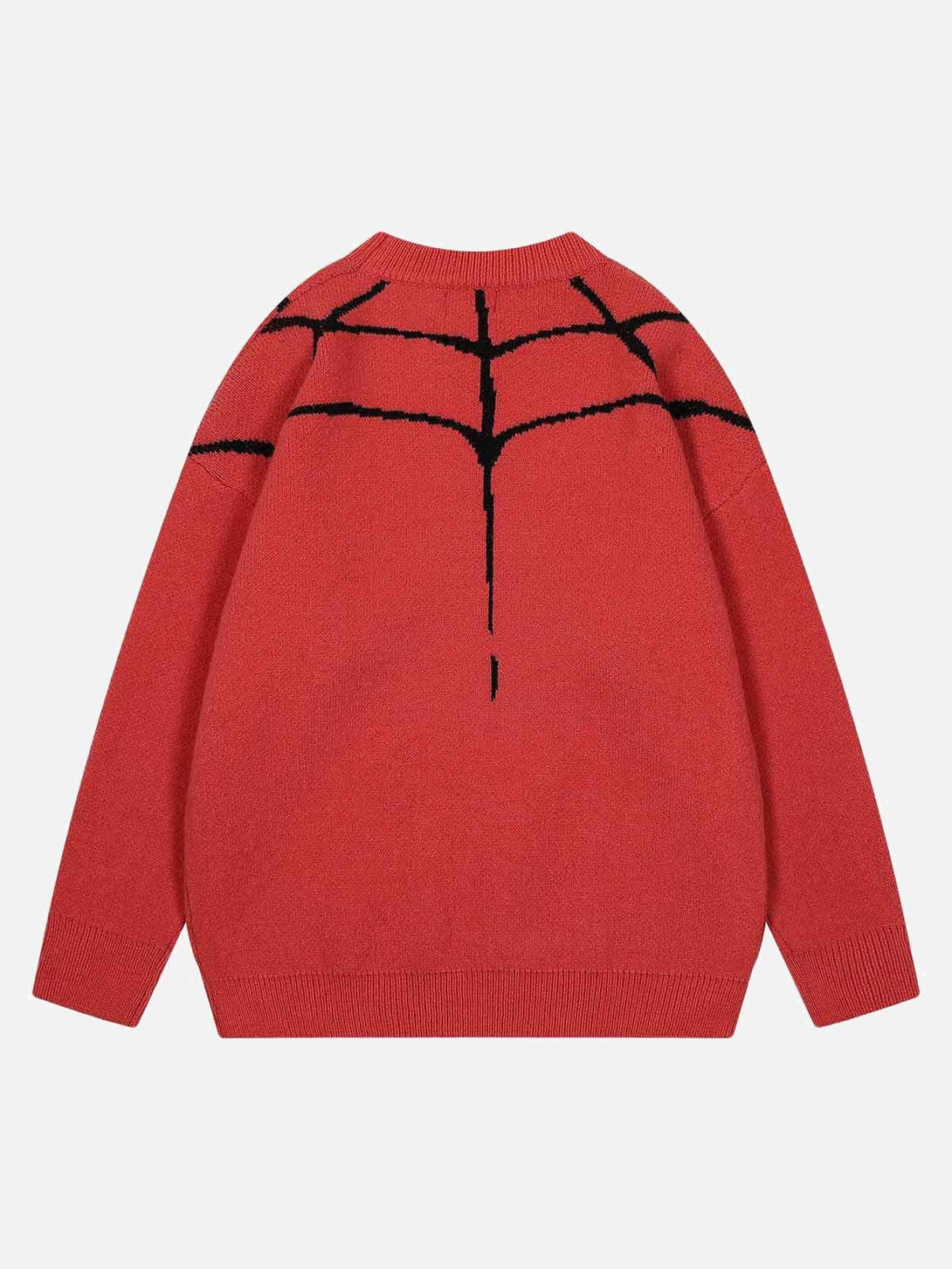 Rear view of a red knit sweater by TALISHKO, highlighting a bold spider design pattern.