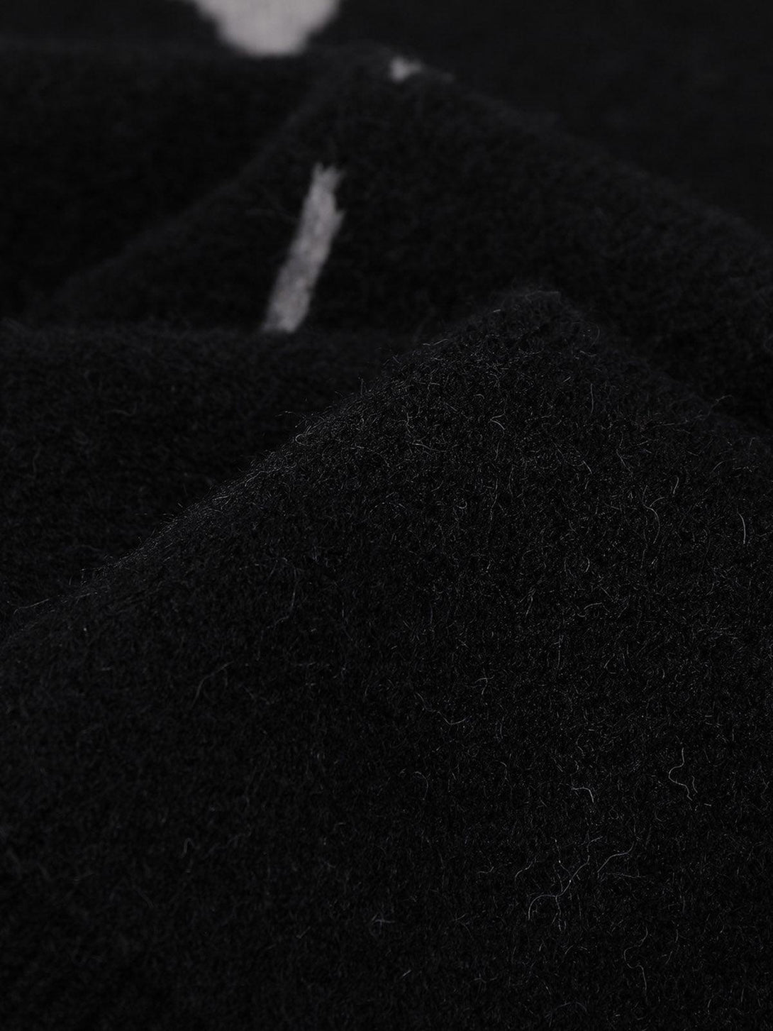 Zoomed-in texture of TALISHKO's knit sweater, highlighting the rich black fabric detail.