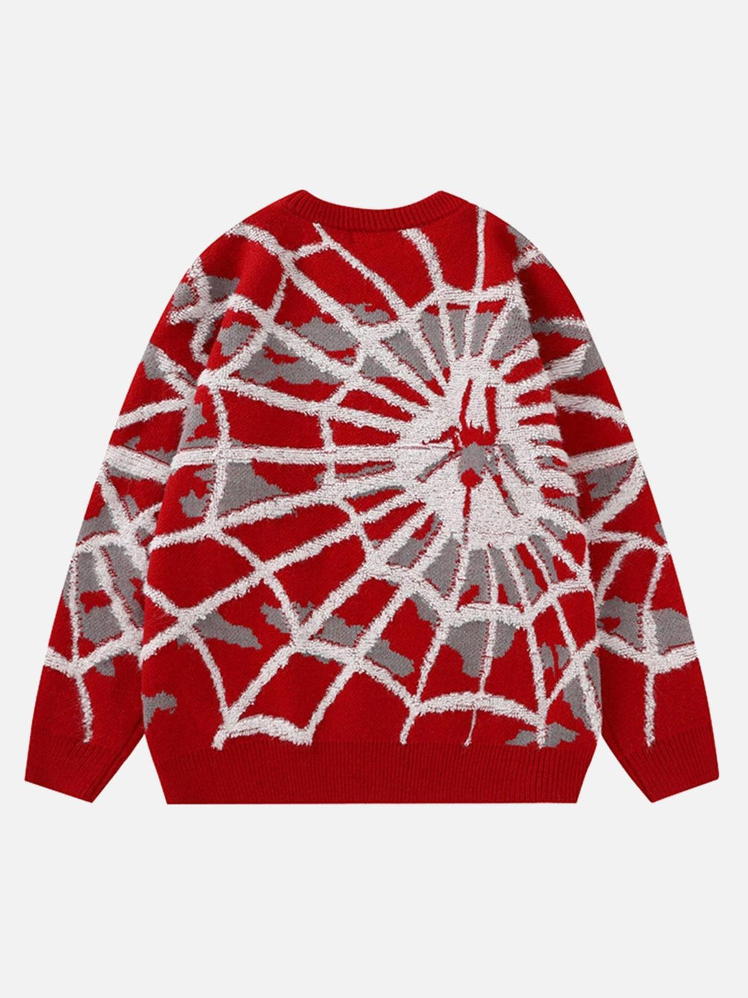 Back view of the TALISHKO red knit sweater featuring a detailed spider web pattern.