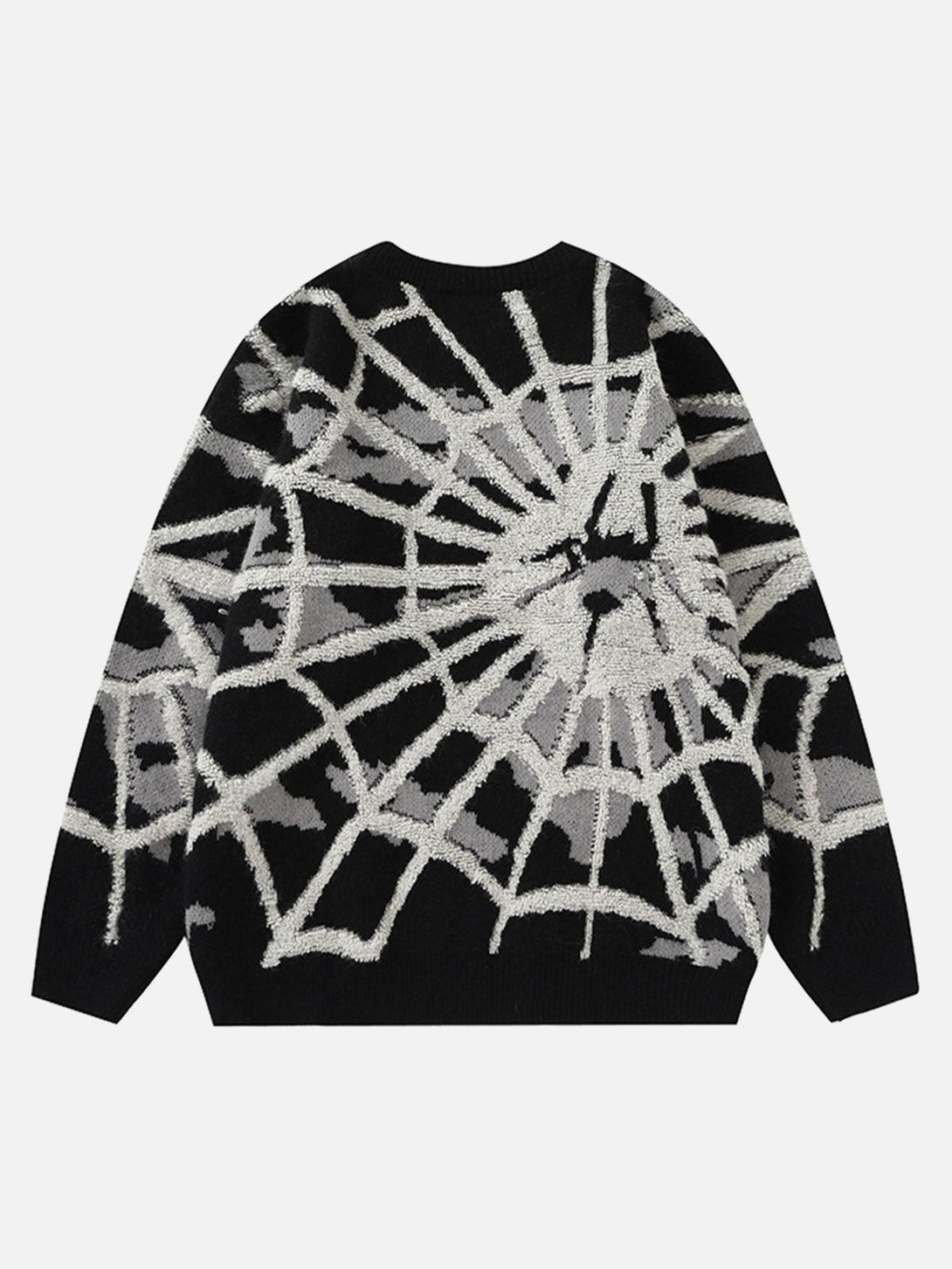 TALISHKO's knit crew neck sweater features a striking spider web pattern in monochrome tones.