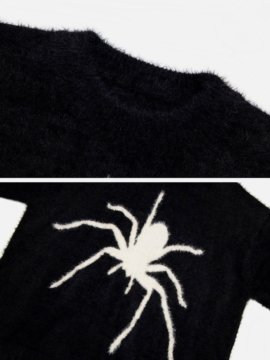TALISHKO sweater featuring a bold white spider design on black mohair, highlighting unique texture.