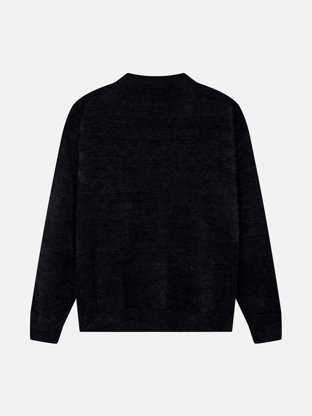 Back view of TALISHKO black mohair sweater, highlighting its classic silhouette and texture.