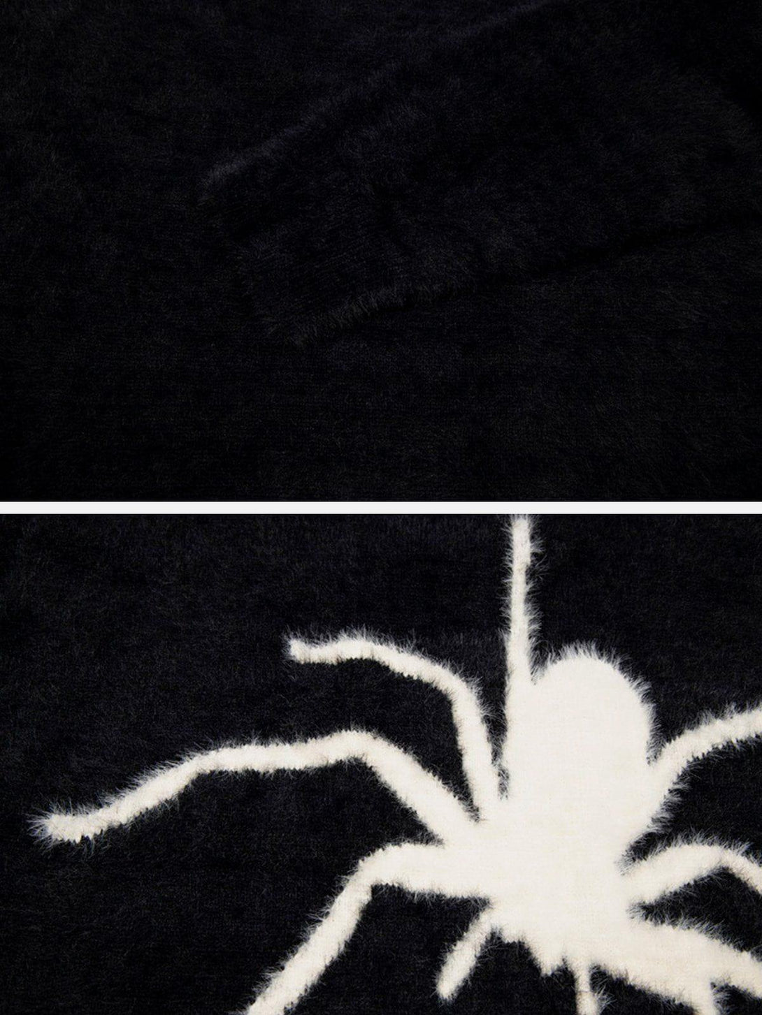 Zoomed-in view of TALISHKO's black mohair sweater showcasing a bold white spider design.