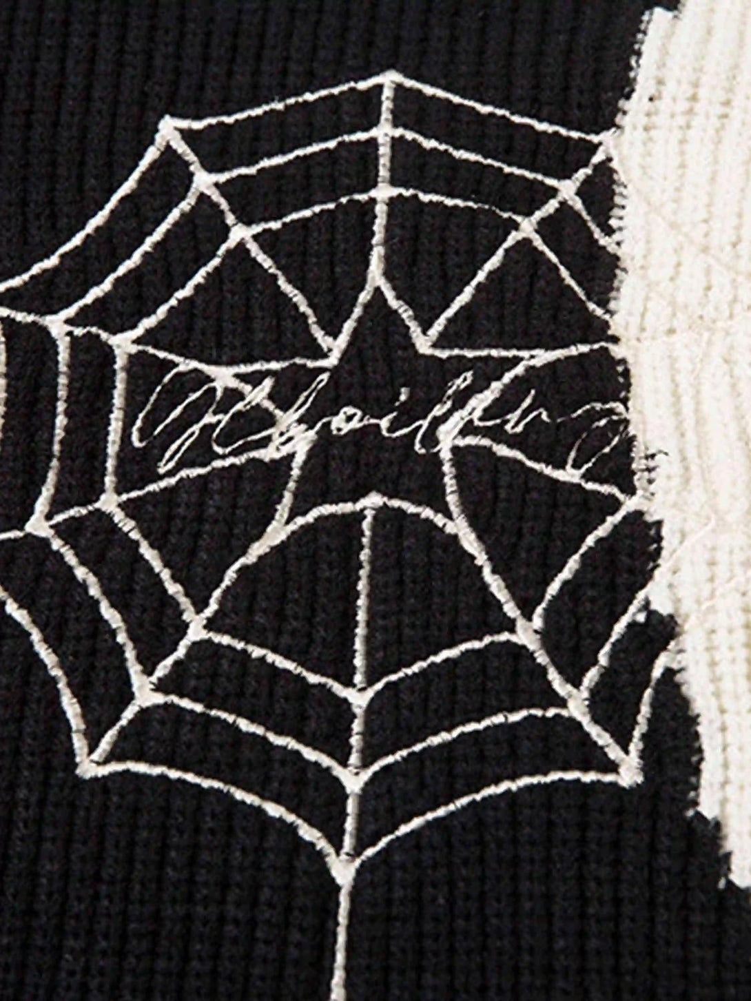 Intricate look at the spider web pattern on TALISHKO's zip-up cardigan, highlighting texture.