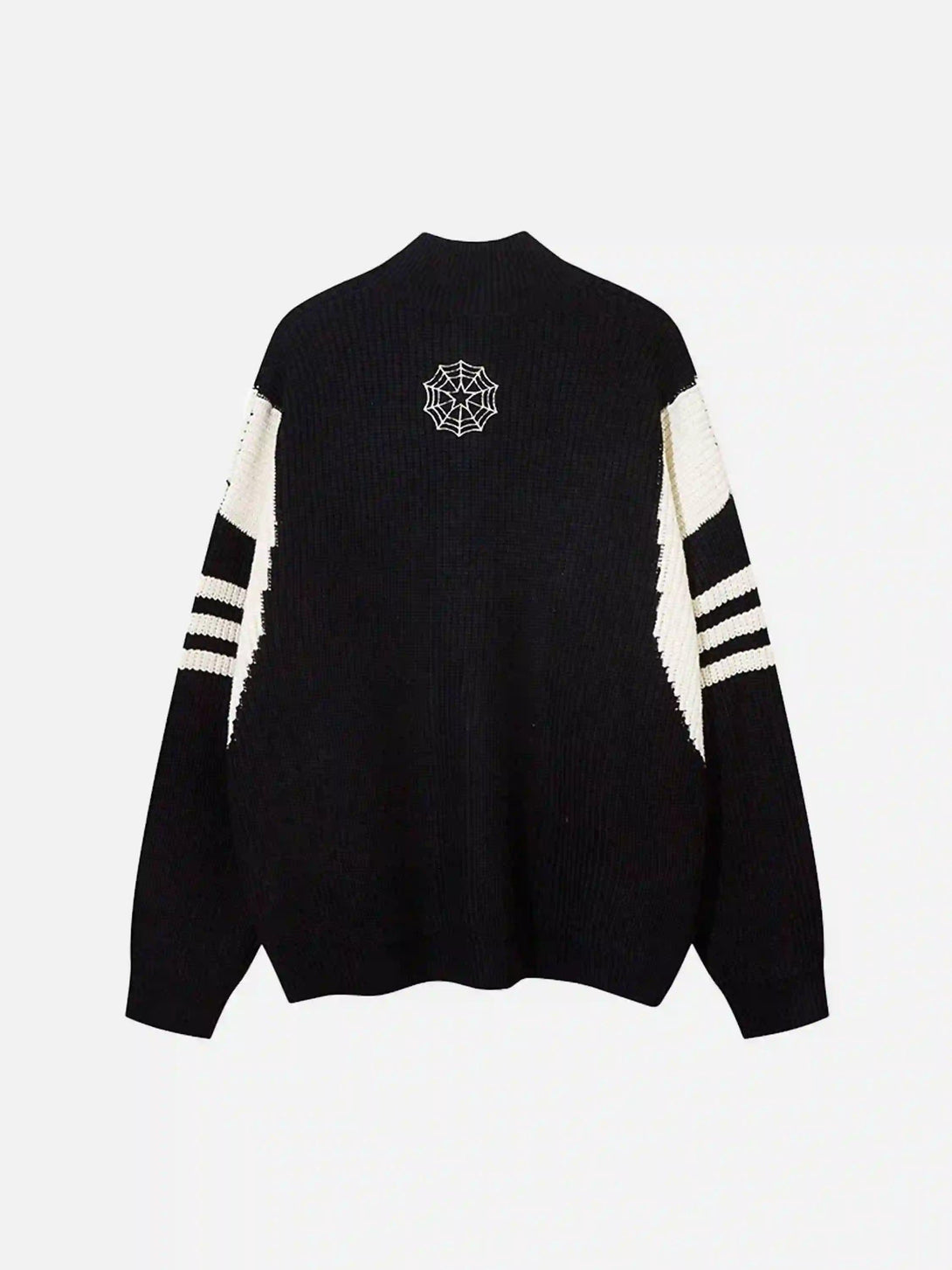 Back view of TALISHKO black cardigan featuring a unique spider web design on the upper back.