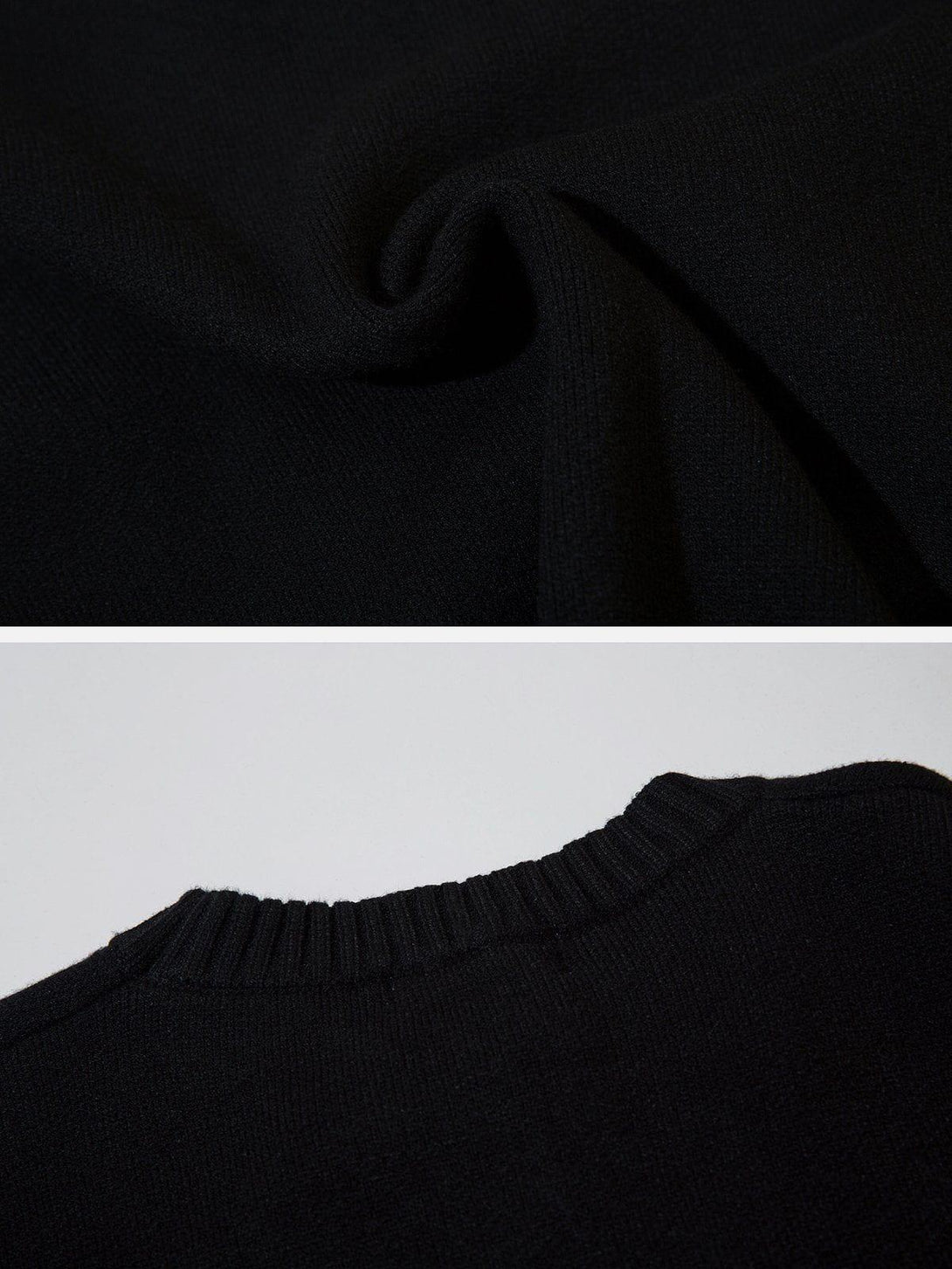 Detailed fabric view of a black sweater by TALISHKO, highlighting its soft texture and ribbed neckline.
