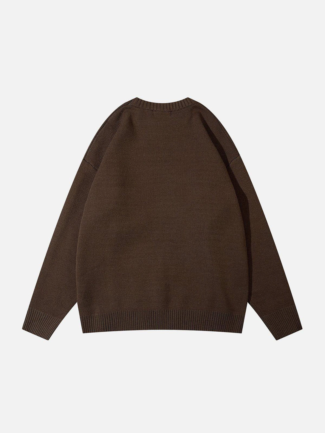 Back view of a brown graphic sweater by TALISHKO, highlighting its simple, stylish design.
