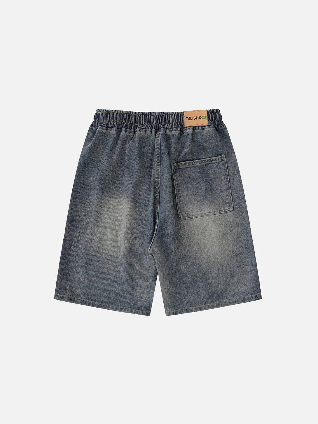 Back view of blue denim jorts by TALISHKO, featuring a stylish pocket and elastic waistband.