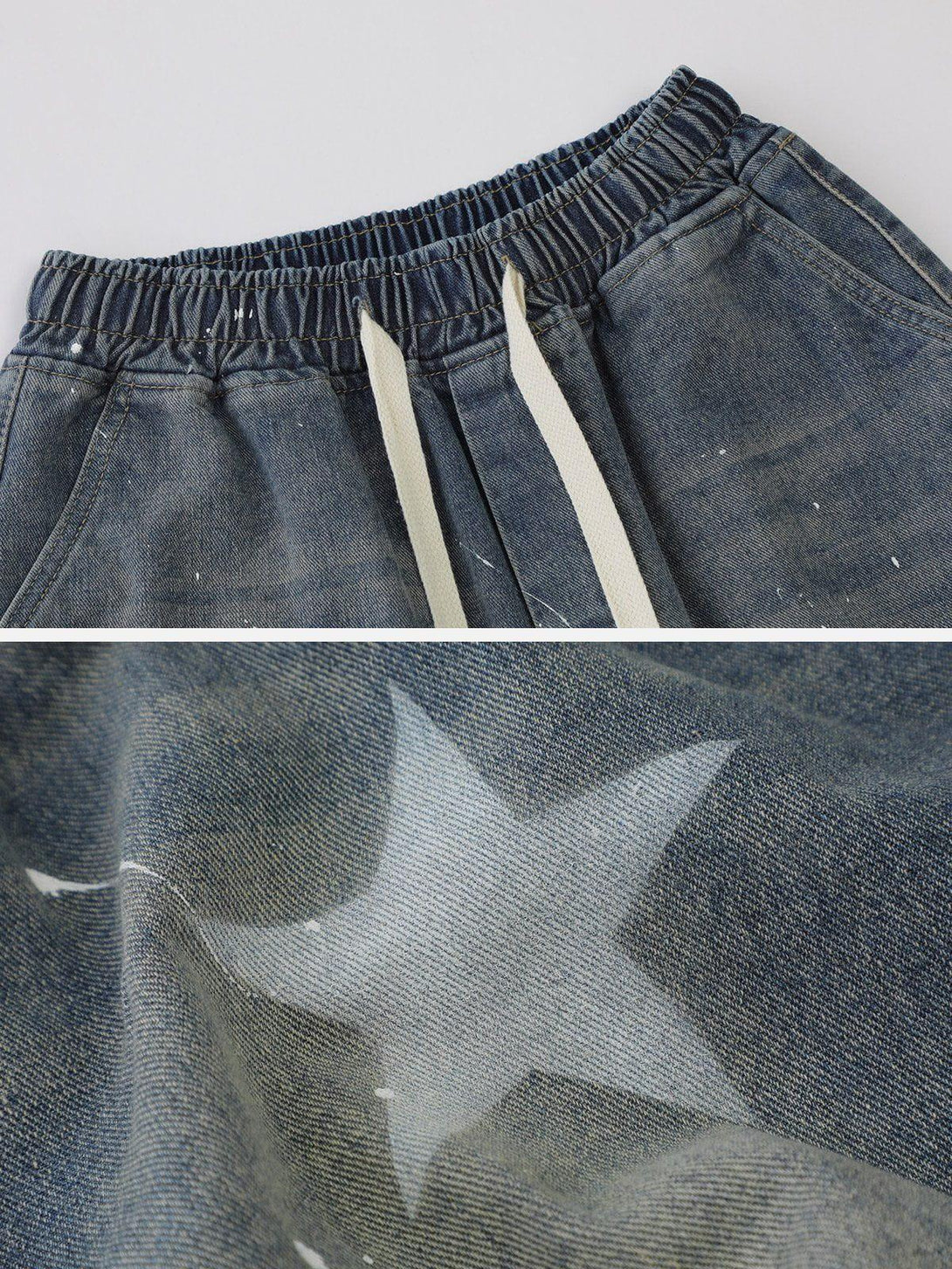 A close-up of TALISHKO jorts, highlighting star pattern and denim texture with drawstring detail.
