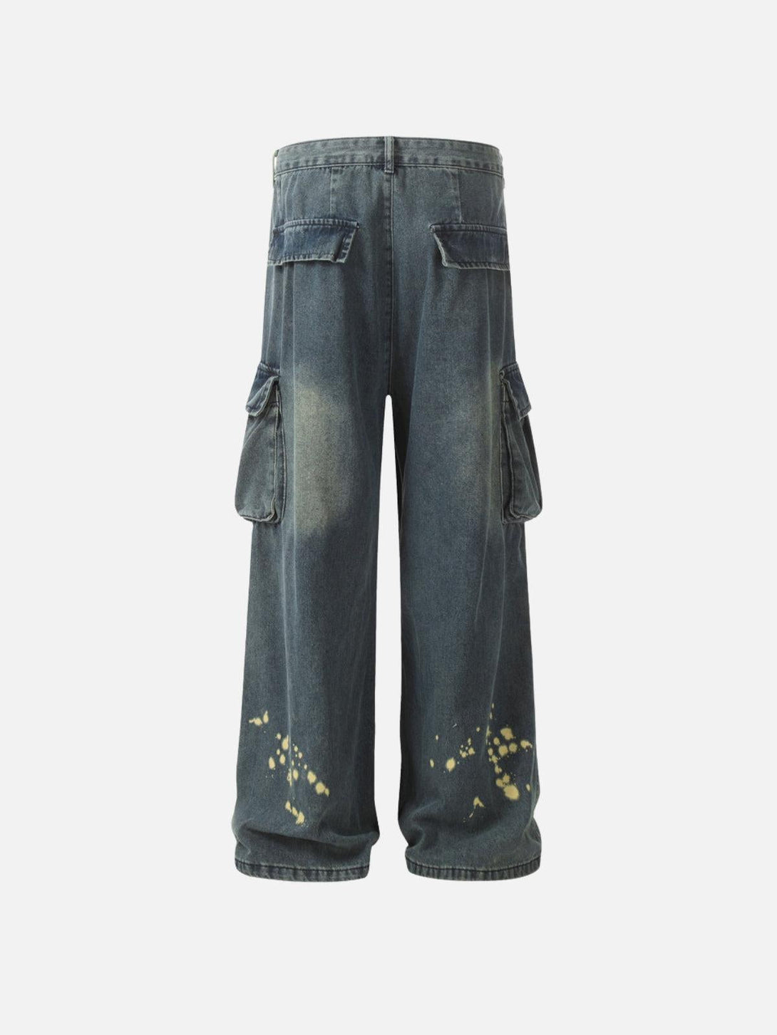 Back view of TALISHKO splash-ink washed baggy jeans with large side pockets and relaxed fit.